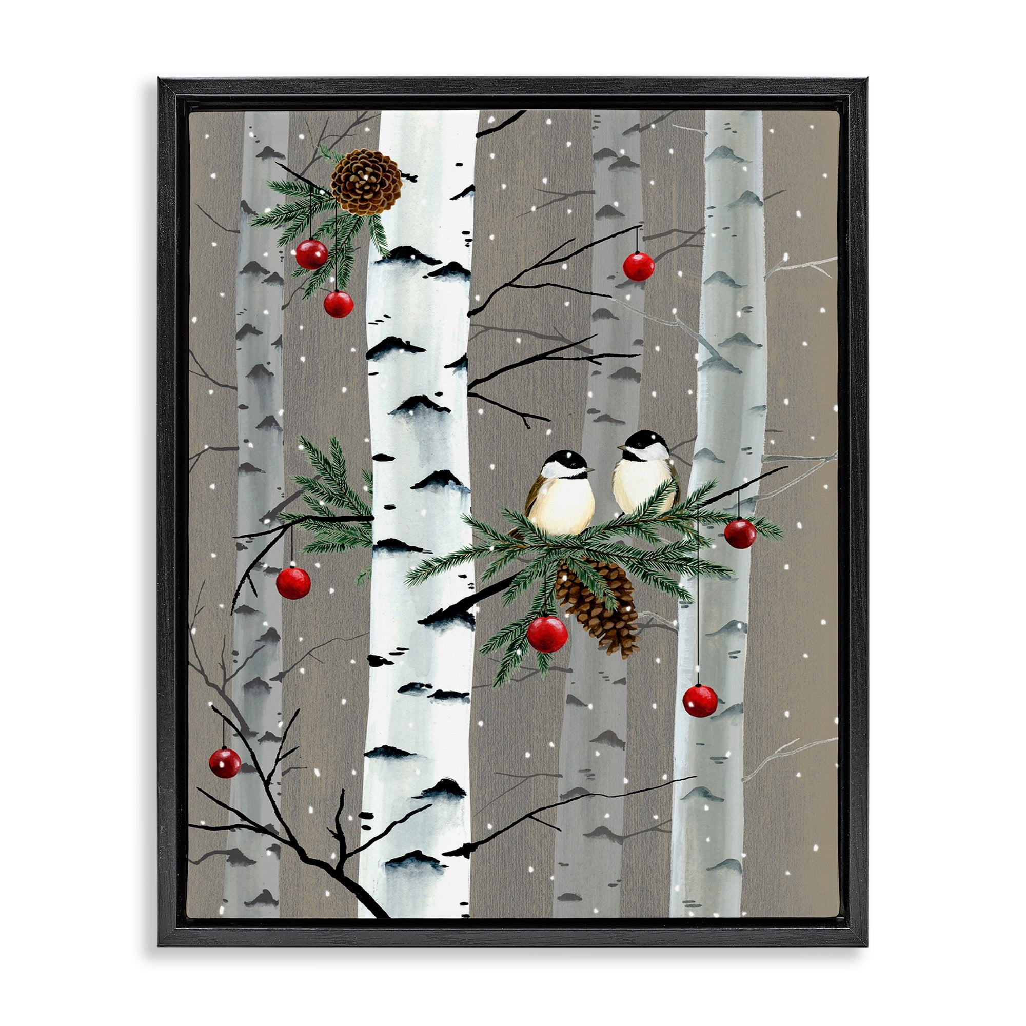 Stupell Industries Birds and Holiday Ornaments Birch Tree Forest Jet Black Framed Floating Canvas Wall Art, 16x20, by Grace Popp
