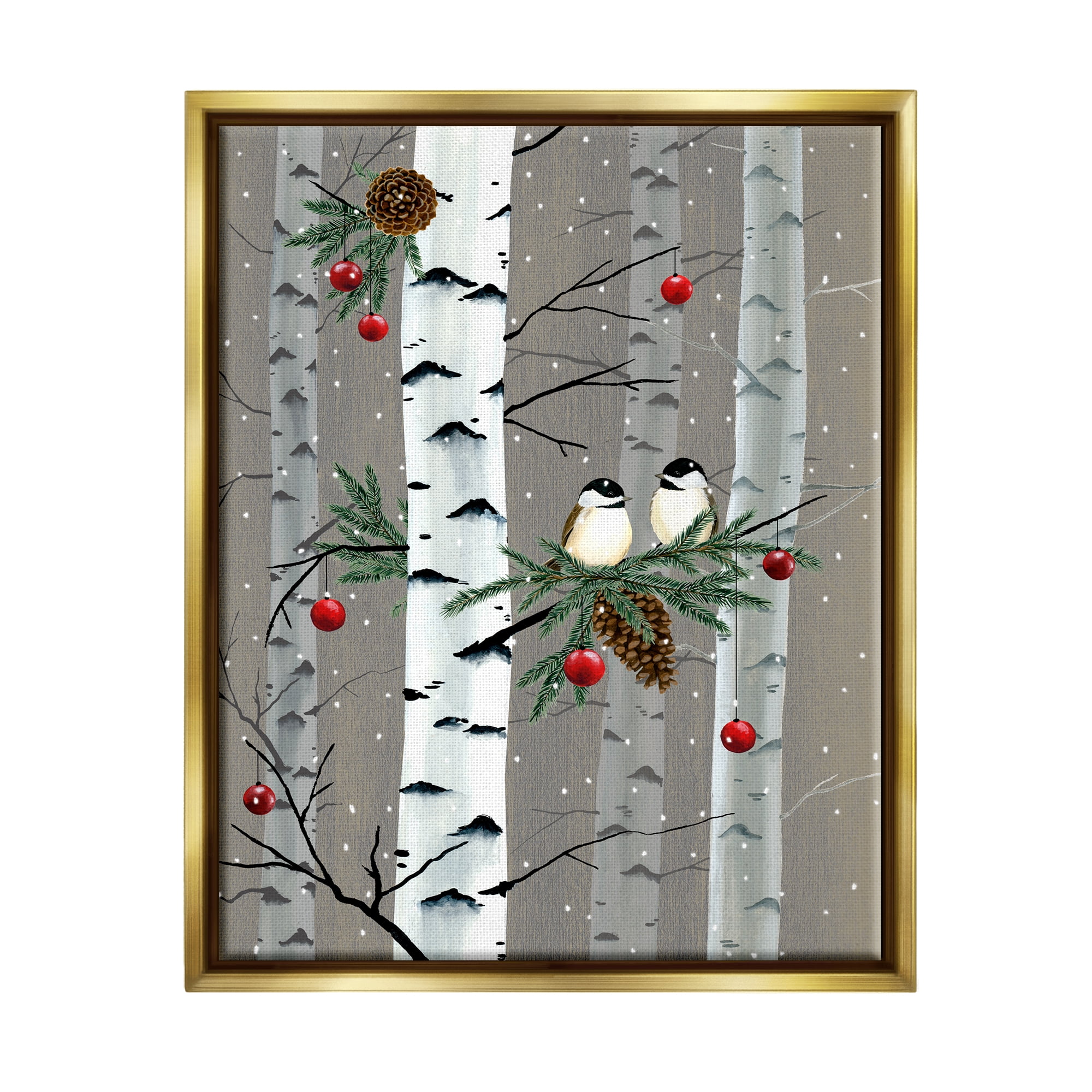 Stupell Industries Birds and Holiday Ornaments Birch Tree Forest Metallic Gold Framed Floating Canvas Wall Art, 24x30, by Grace Popp