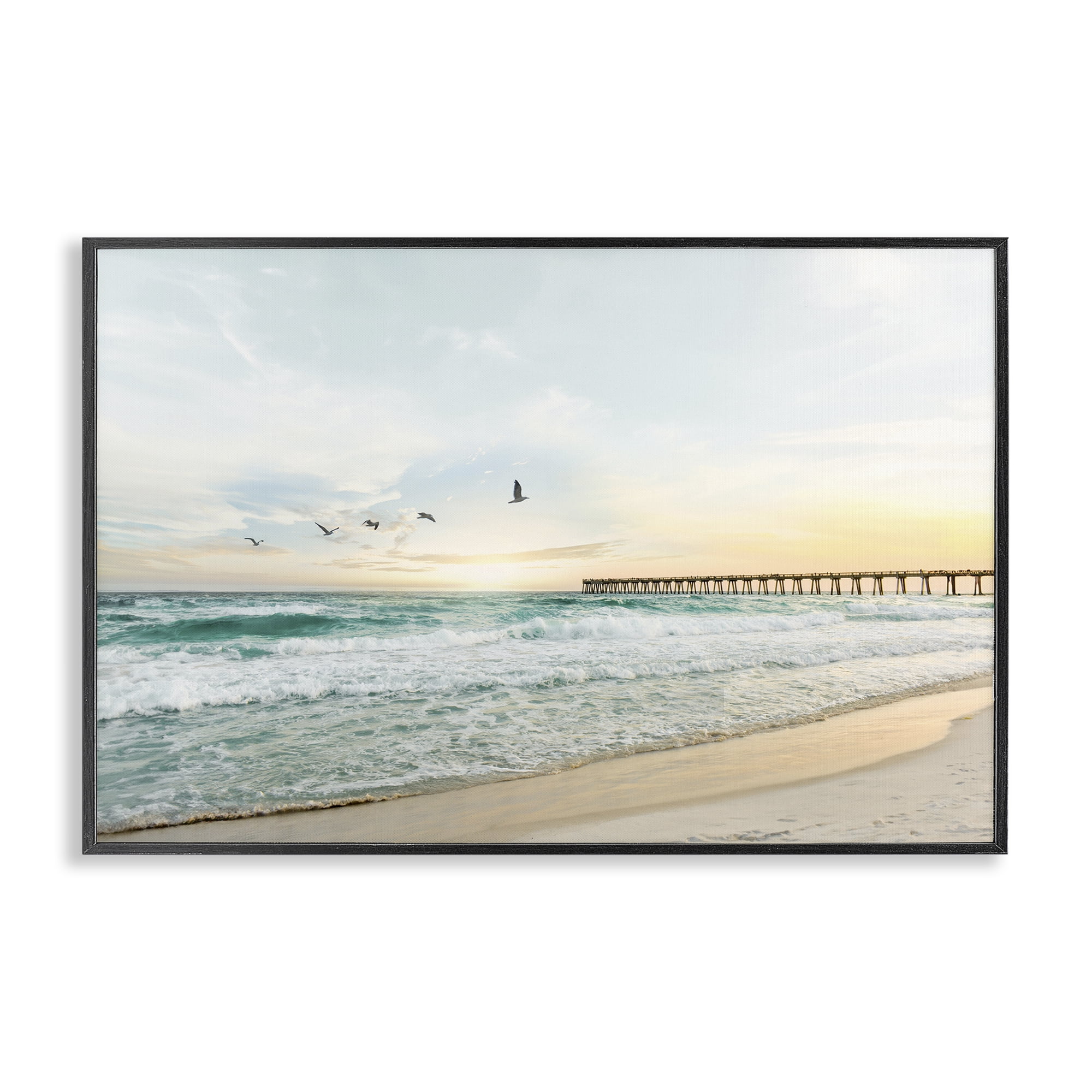 Stupell Industries Birds at Beach Pier Landscape & Nature Photography Black Framed Art Print Wall Art, 24 x 16