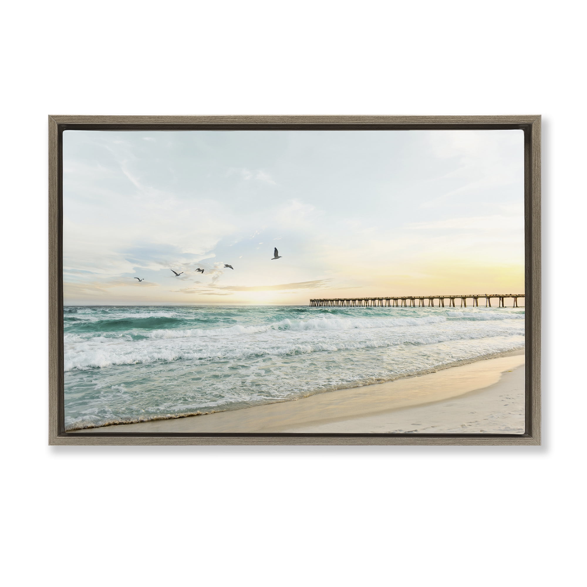 Stupell Industries Birds at Beach Pier Landscape & Nature Photography Brown Floater Framed Canvas Art Print Wall Art, 25 x 17