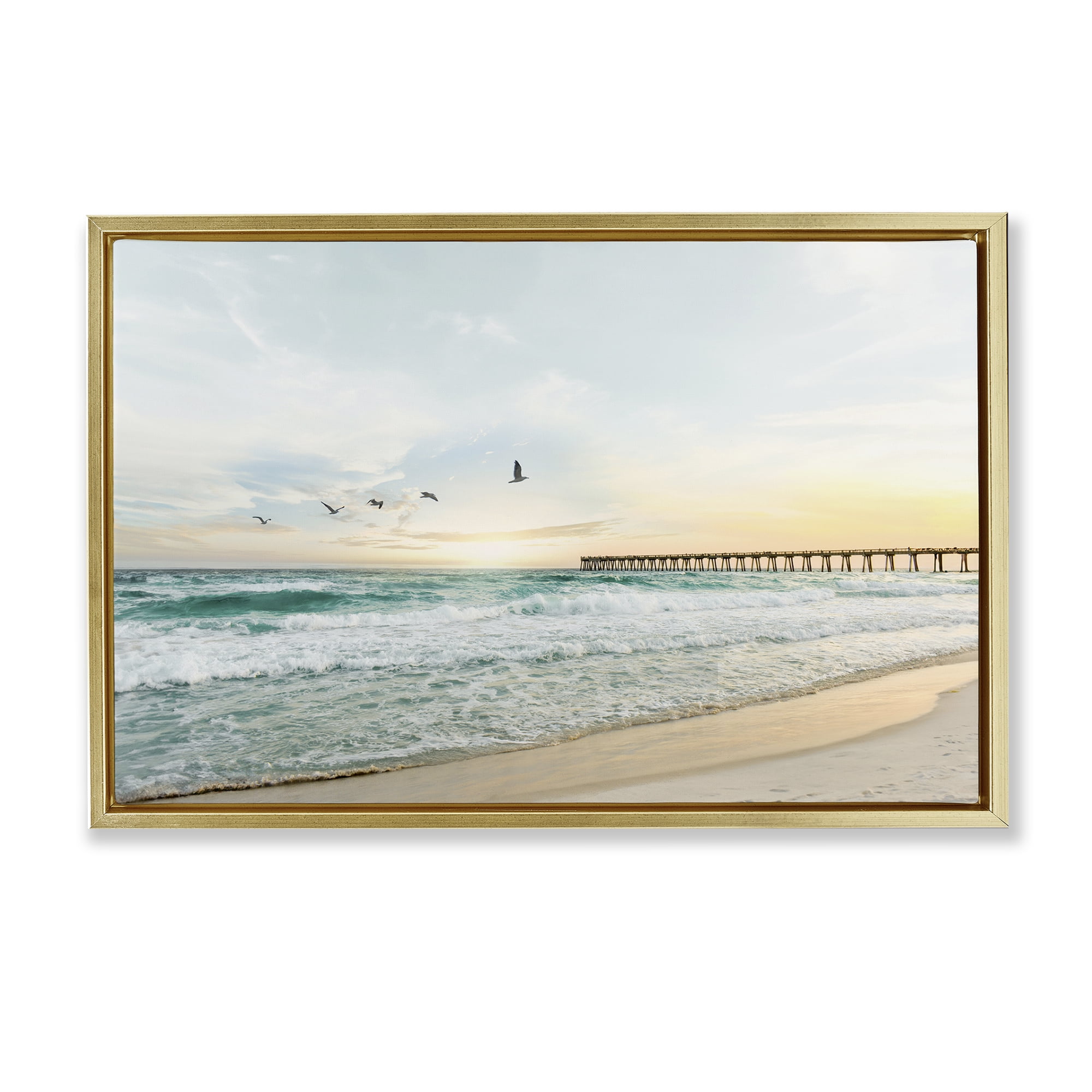 Stupell Industries Birds at Beach Pier Landscape & Nature Photography Gold Floater Framed Canvas Art Print Wall Art, 25 x 17