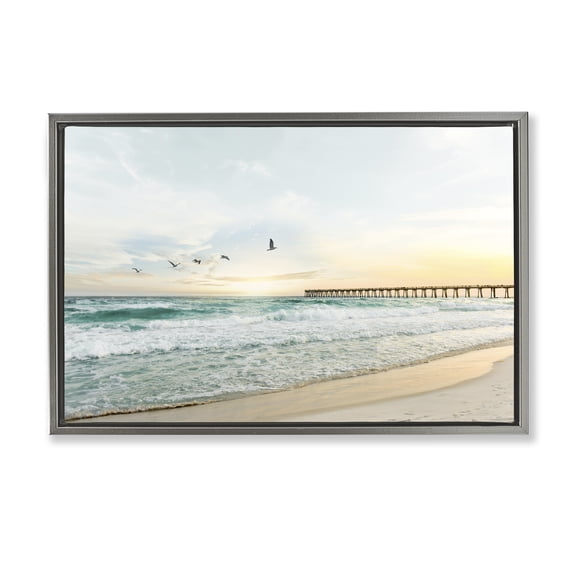 Stupell Industries Birds at Beach Pier Landscape & Nature Photography Gray Floater Framed Canvas Art Print Wall Art, 25 x 17