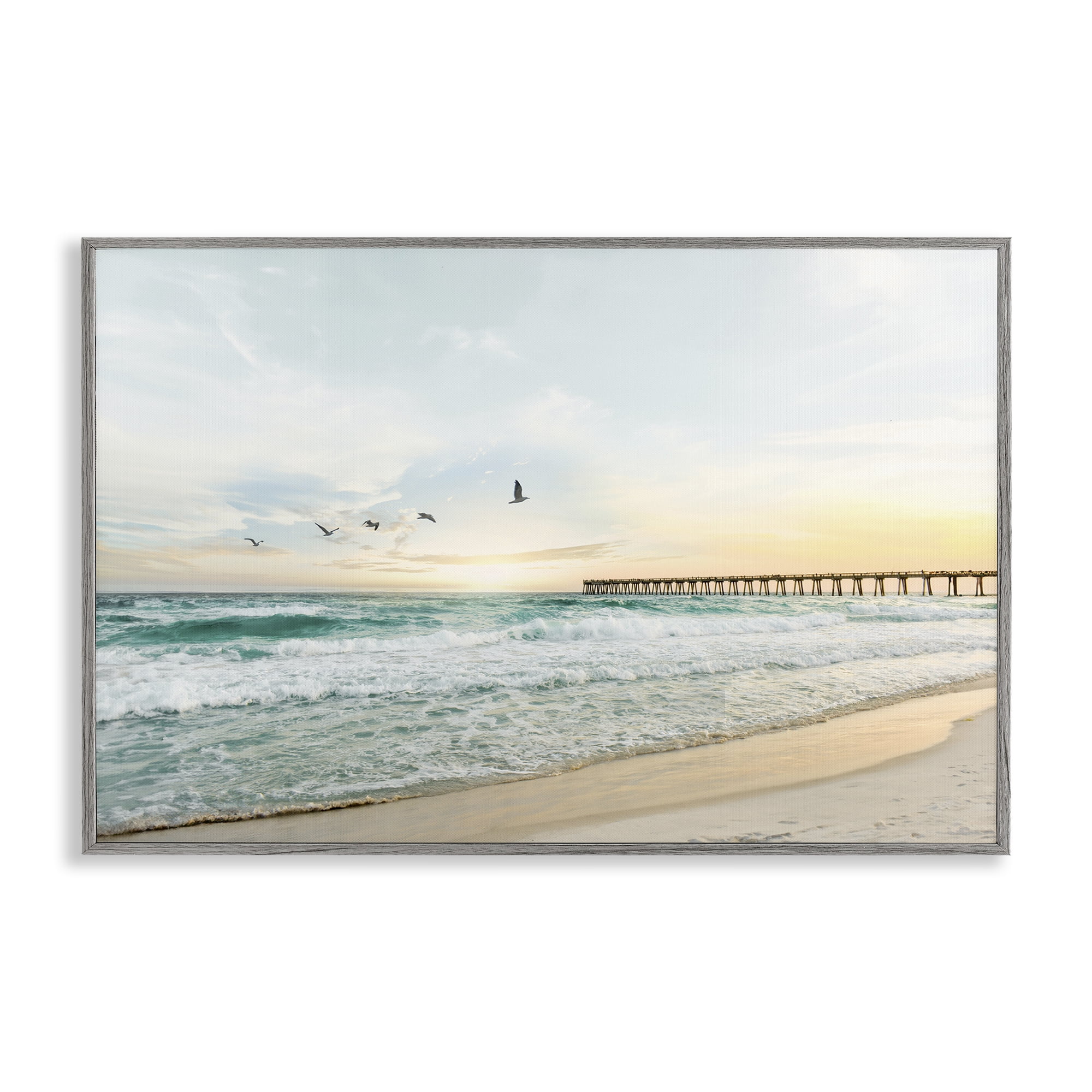 Stupell Industries Birds at Beach Pier Landscape & Nature Photography Gray Framed Art Print Wall Art, 30 x 20