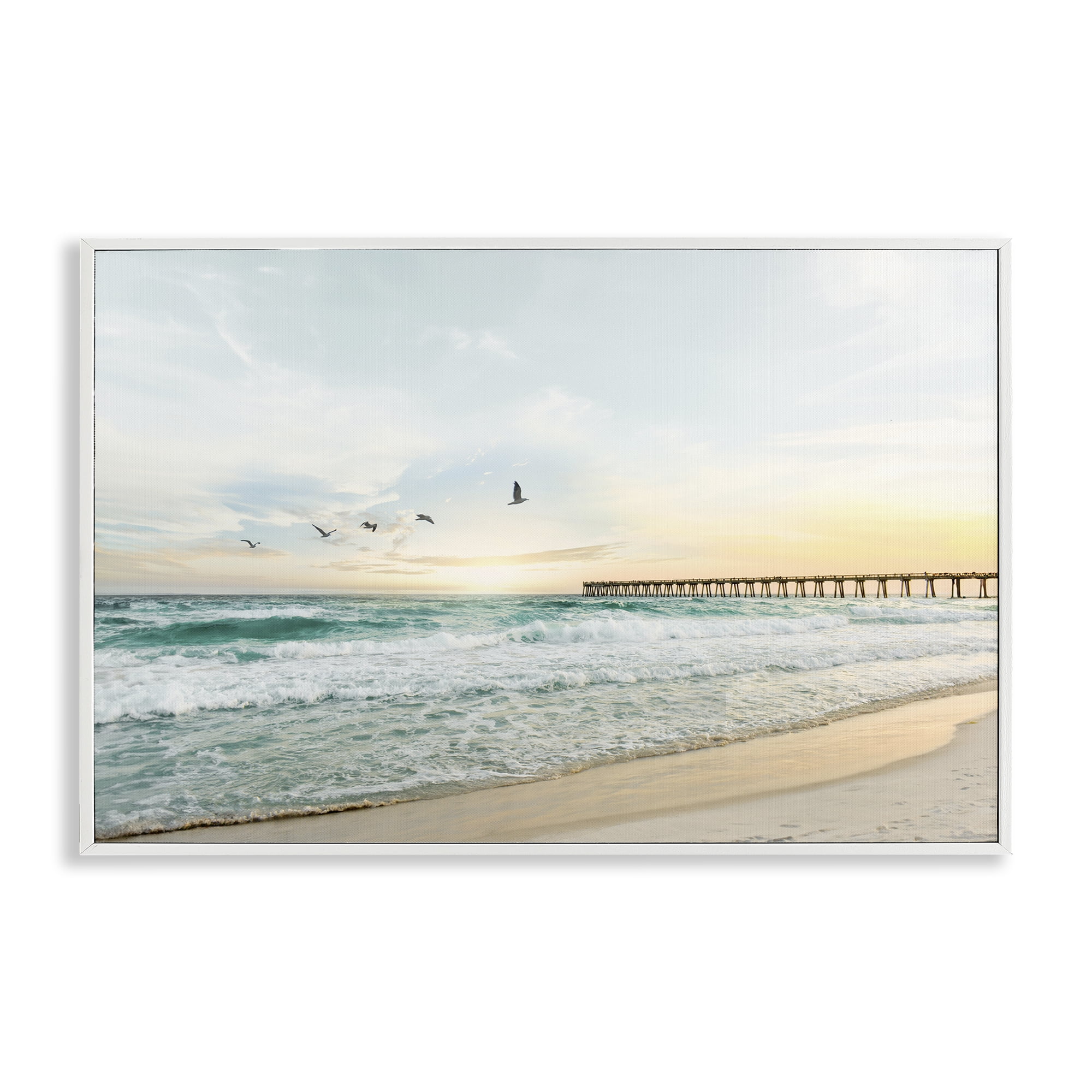 Stupell Industries Birds at Beach Pier Landscape & Nature Photography White Framed Art Print Wall Art, 18 x 12