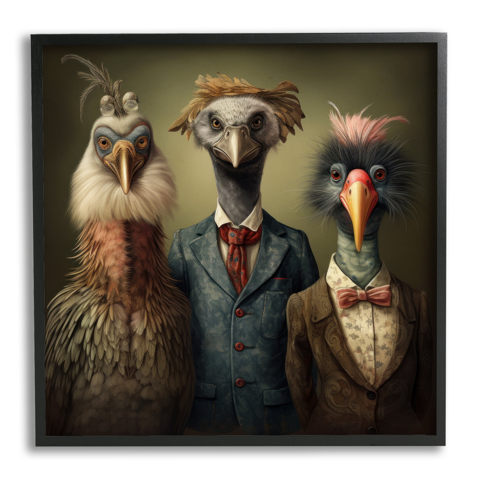 Whimsical Birds in Suits Canvas Art Print with Black Frame