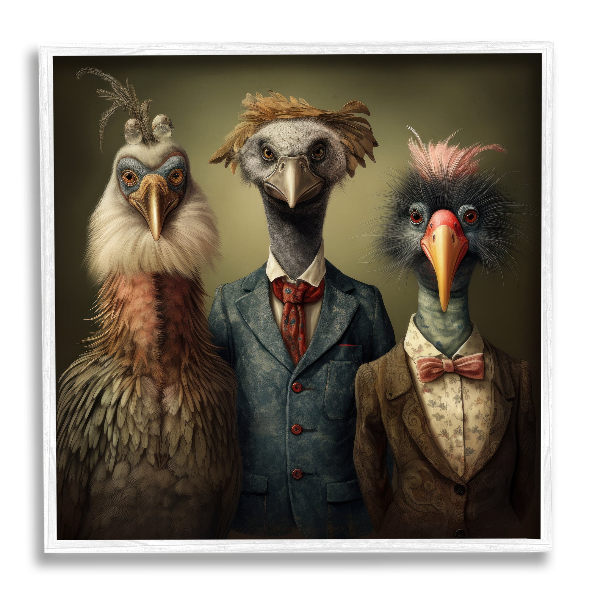 Stupell Industries Birds in Fancy Suits Animals & Insects Painting White Framed Art Print Wall Art, 17 x 17