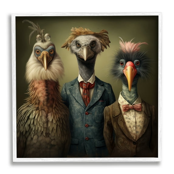 Stupell Industries Birds in Fancy Suits Animals & Insects Painting White Framed Art Print Wall Art, 17 x 17