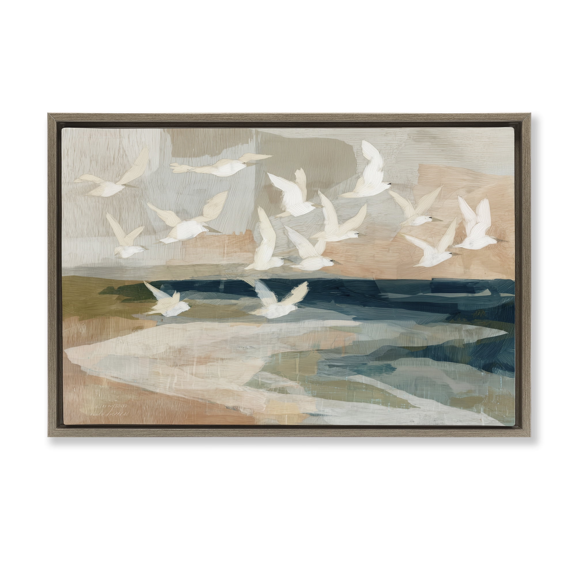 Stupell Industries Birds in Flight Over Water Brown Framed Floater Canvas Wall Art, design by Chromatic Storm Studio