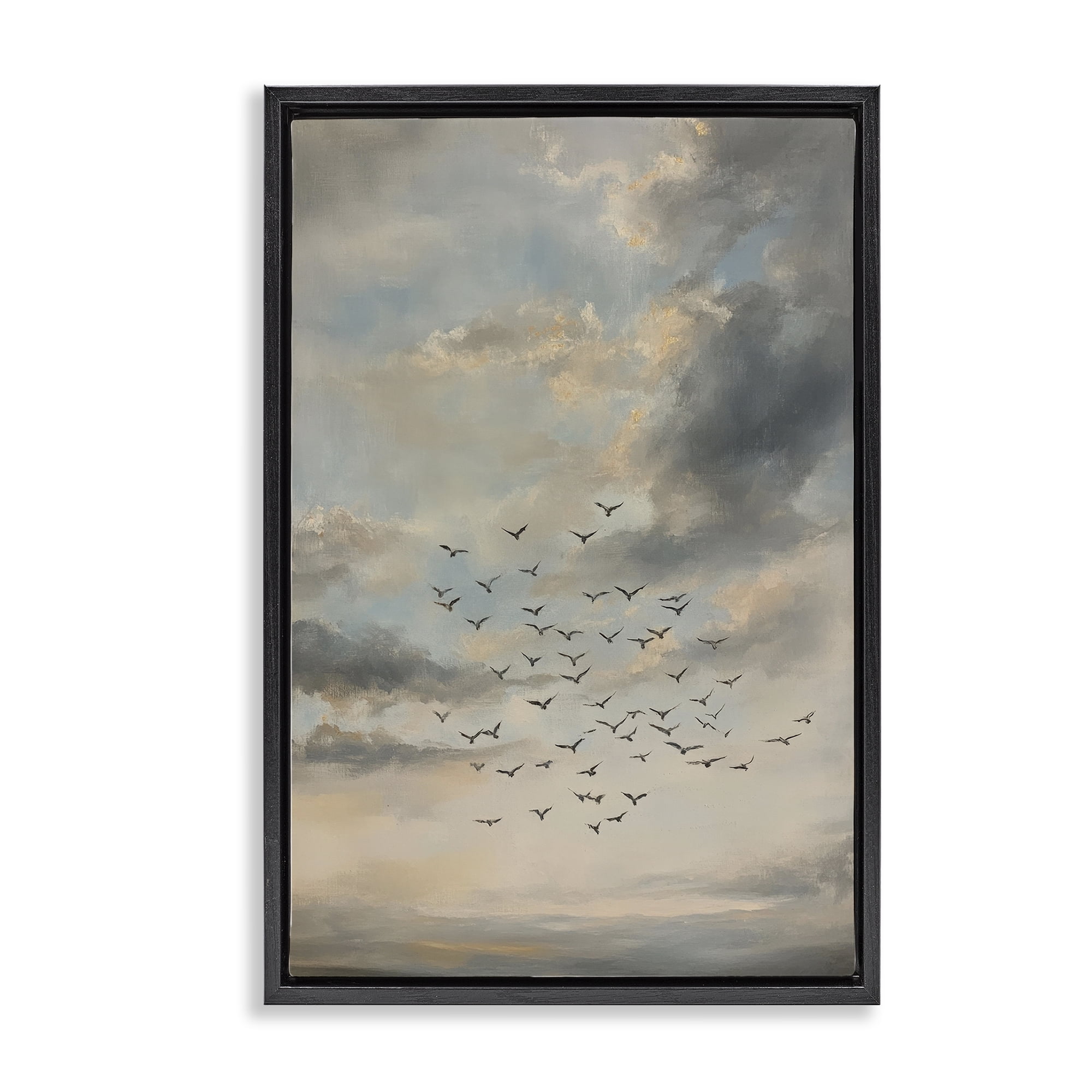 Stupell Industries Birds in the Clouds at Dusk Black Framed Floater Canvas Wall Art, design by Petal Prints Design