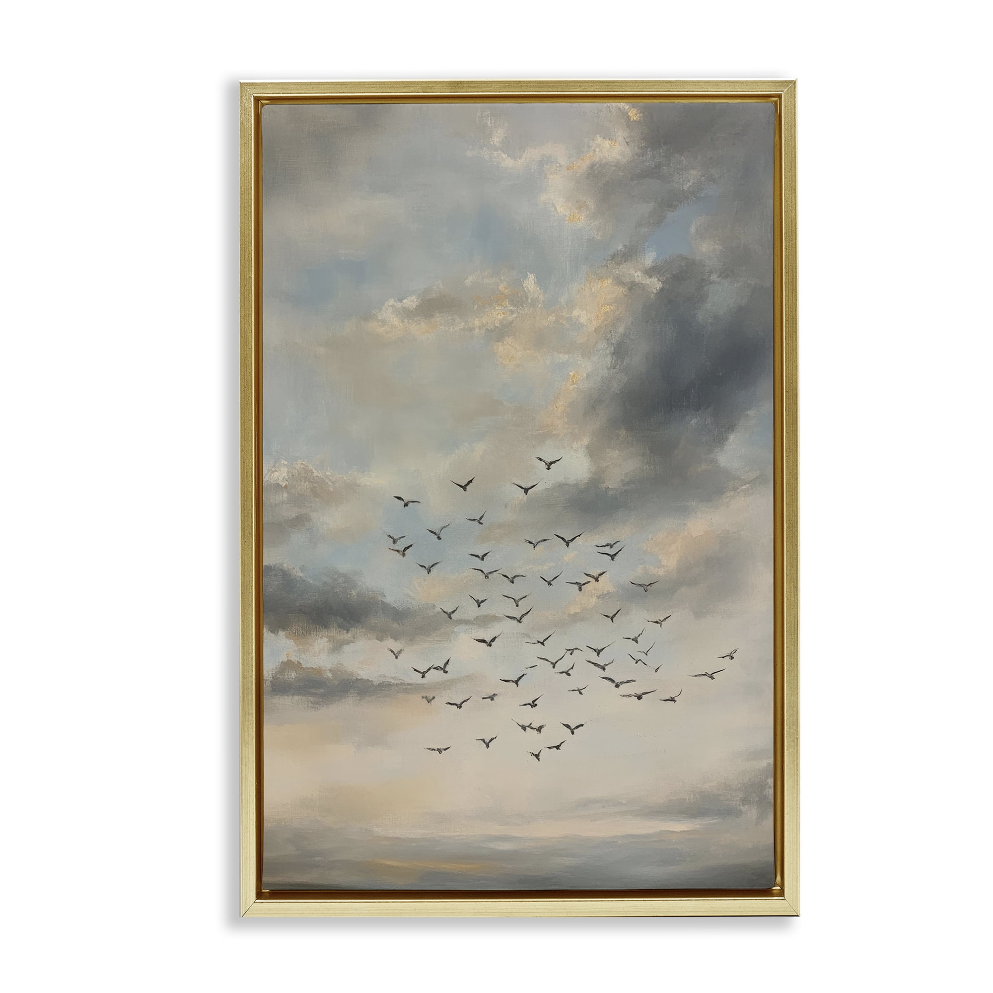 Stupell Industries Birds in the Clouds at Dusk Gold Framed Floater Canvas Wall Art, design by Petal Prints Design