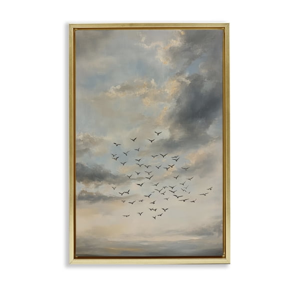 Stupell Industries Traditional Birds in the Clouds at Dusk Gold Floating Frame Canvas Art, 21 x 31, by Petals Prints Design