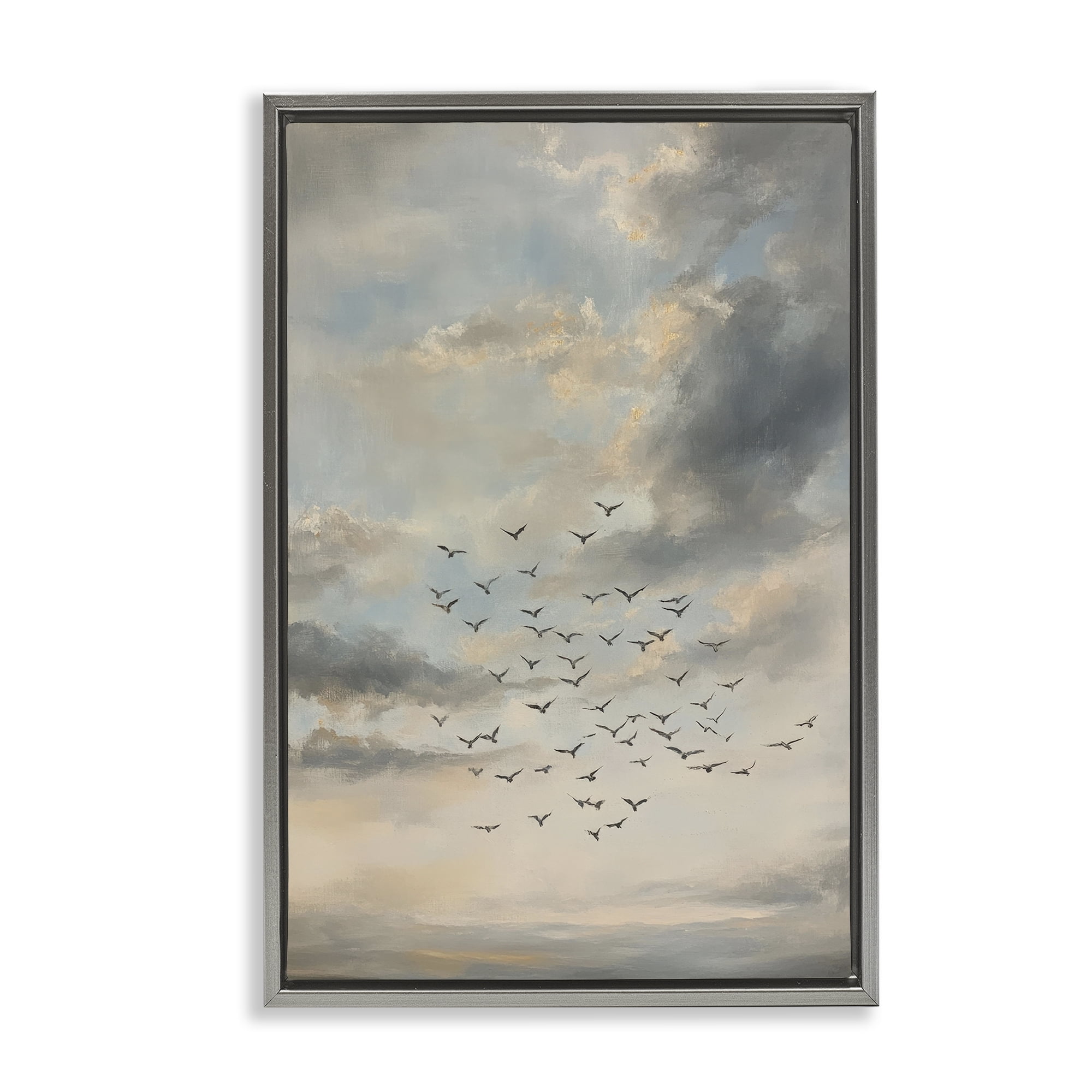 Stupell Industries Birds in the Clouds at Dusk Gray Framed Floater Canvas Wall Art, design by Petal Prints Design