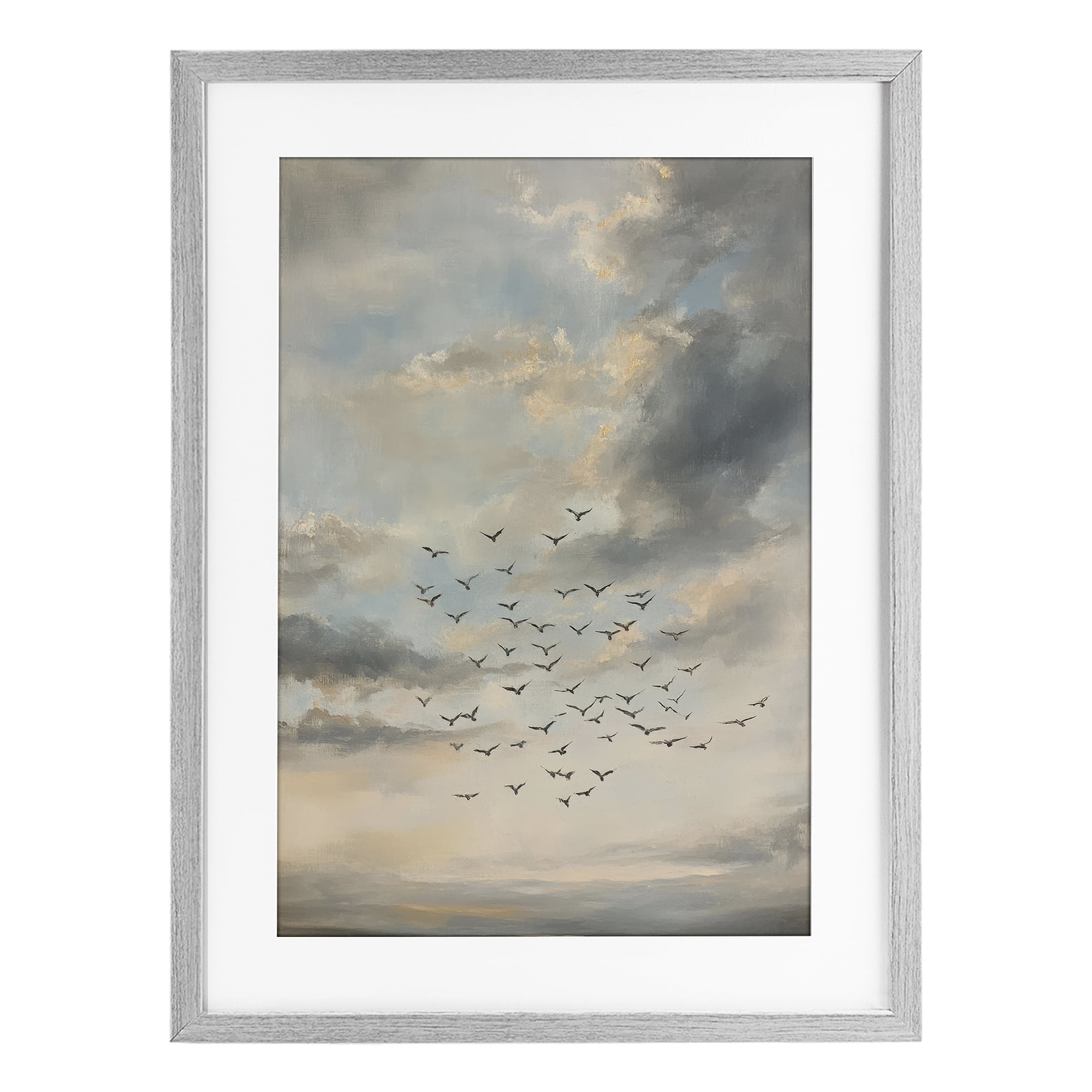 Stupell Industries Birds in the Clouds at Dusk Gray Framed Print Under Glass, design by Petal Prints Design