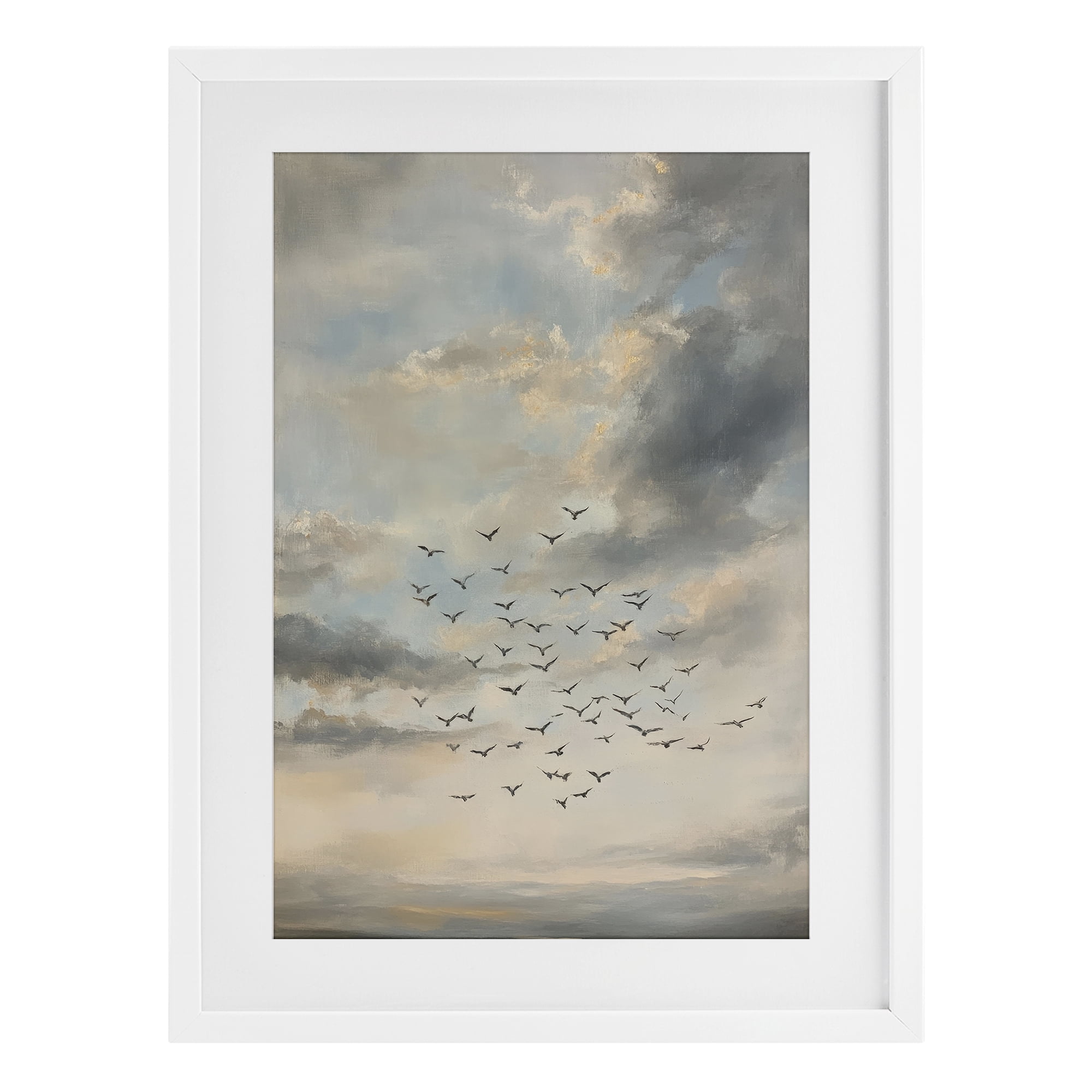 Stupell Industries Birds in the Clouds at Dusk White Framed Print Under Glass, design by Petal Prints Design
