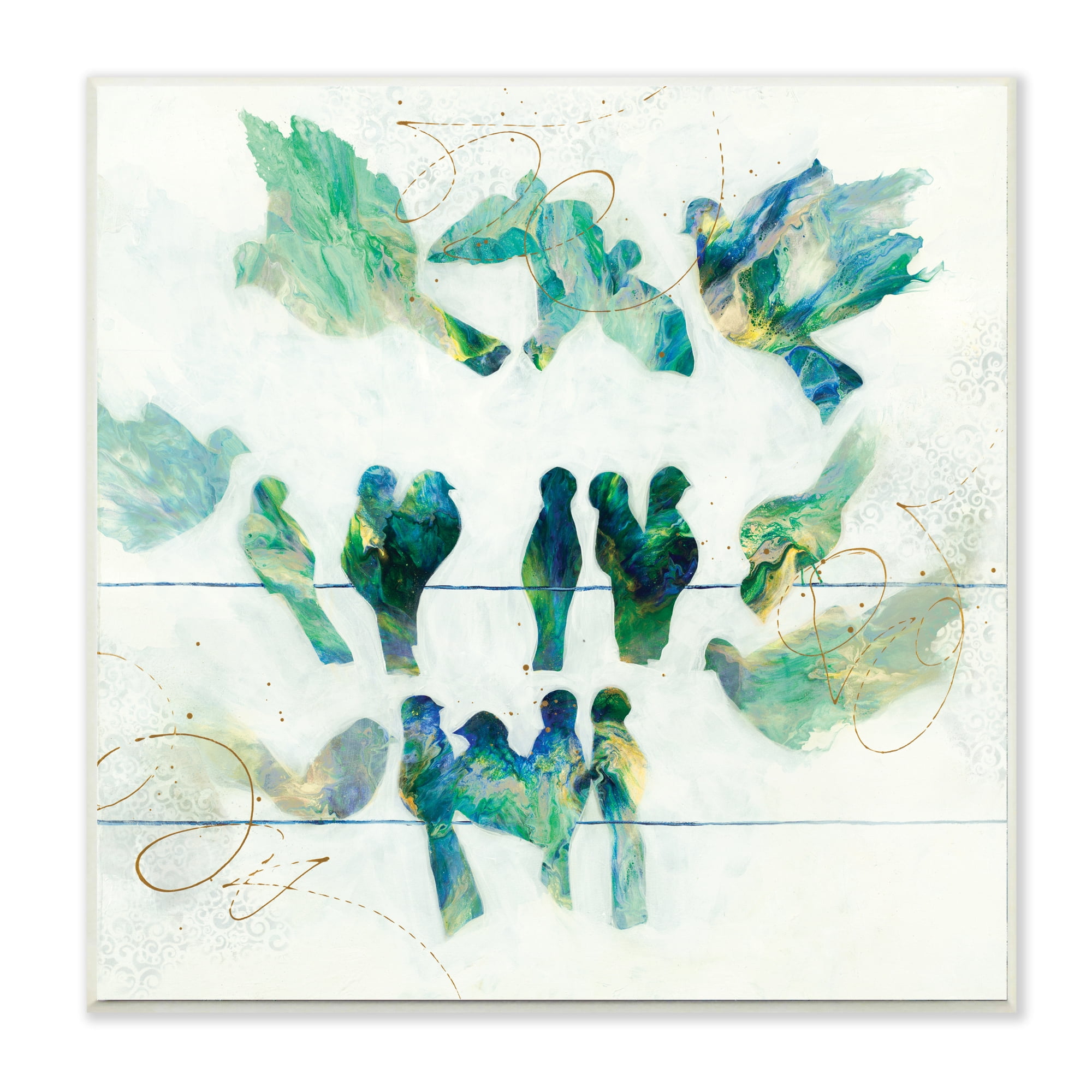 Stupell Industries Birds on Clothes Line Swirling Blue Green Pattern,12 x 12,Designed by Ruth Fromstein