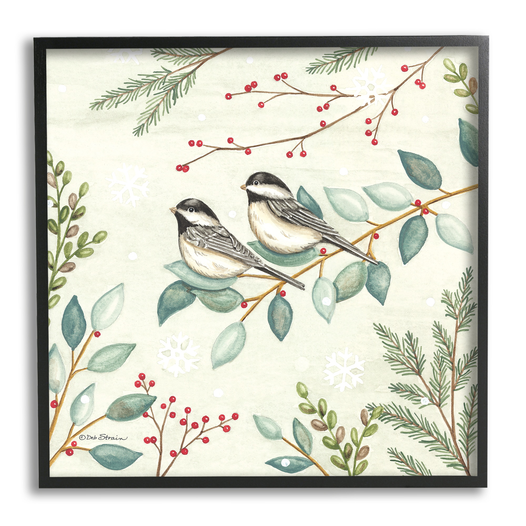 Stupell Industries Birds on Holiday Branches Holiday Painting Black Framed Art Print Wall Art, 17 x 17