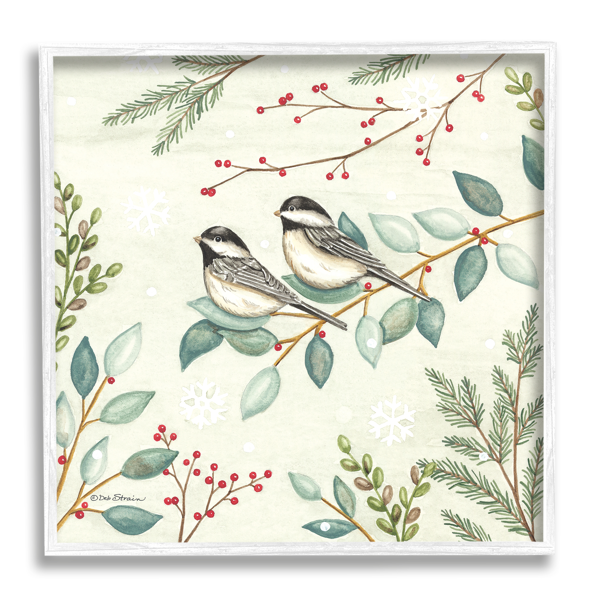 Stupell Industries Birds on Holiday Branches Holiday Painting White Framed Art Print Wall Art, 12 x 12