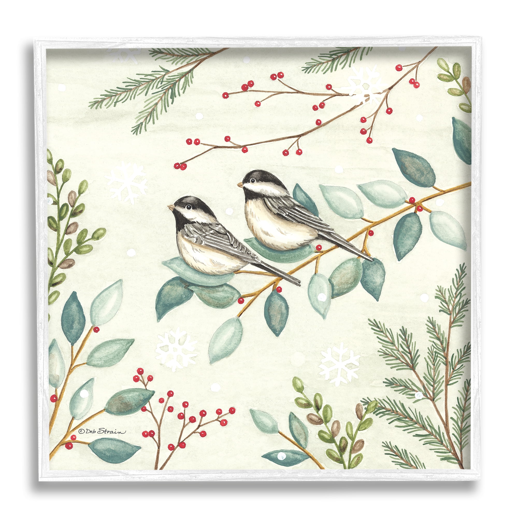 Stupell Industries Birds on Holiday Branches Holiday Painting White Framed Art Print Wall Art, 17 x 17