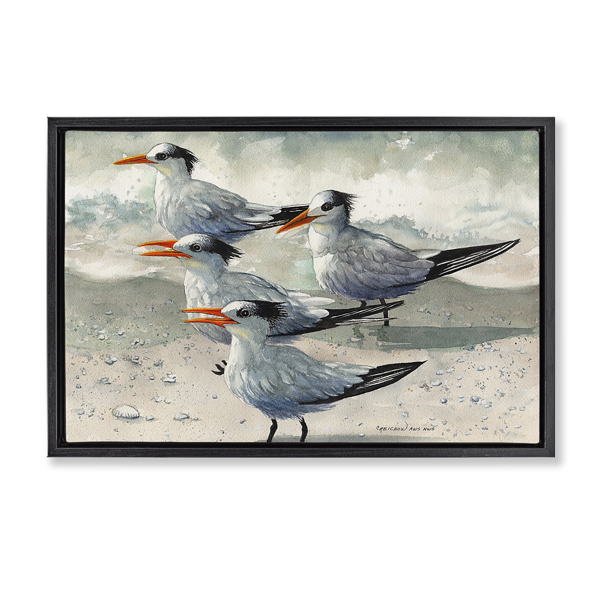 Stupell Industries Birds on Sandy Beach Animals & Insects Painting Black Floater Framed Canvas Art Print Wall Art, 25 x 17
