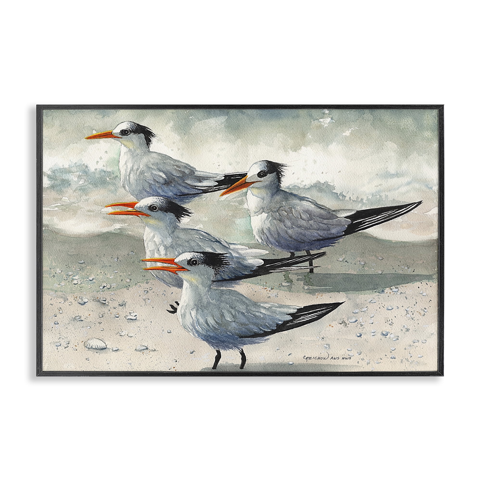 Stupell Industries Birds on Sandy Beach Animals & Insects Painting Black Framed Art Print Wall Art, 24 x 16