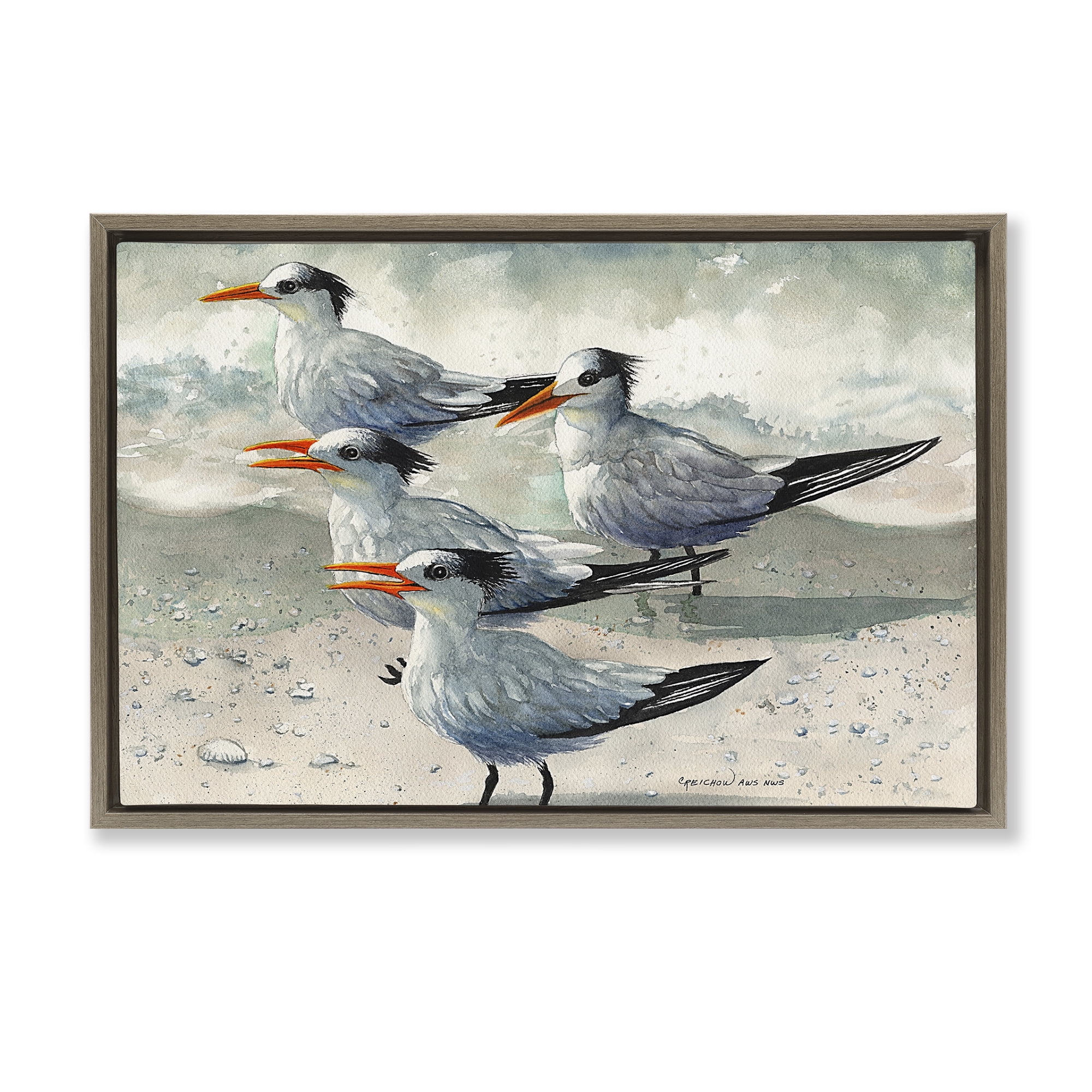 Stupell Industries Birds on Sandy Beach Animals & Insects Painting Brown Floater Framed Canvas Art Print Wall Art, 31 x 21