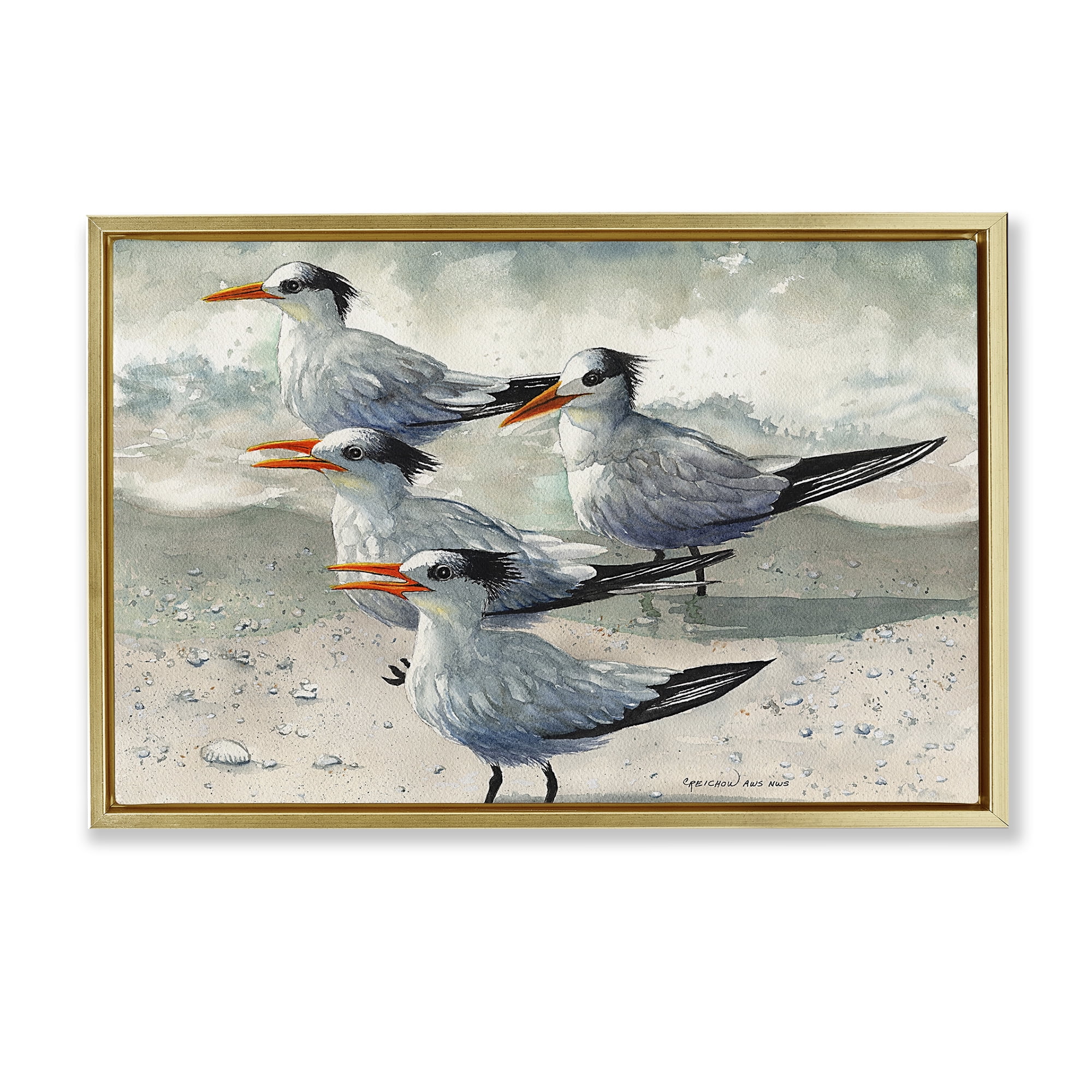 Stupell Industries Birds on Sandy Beach Animals & Insects Painting Gold Floater Framed Canvas Art Print Wall Art, 25 x 17