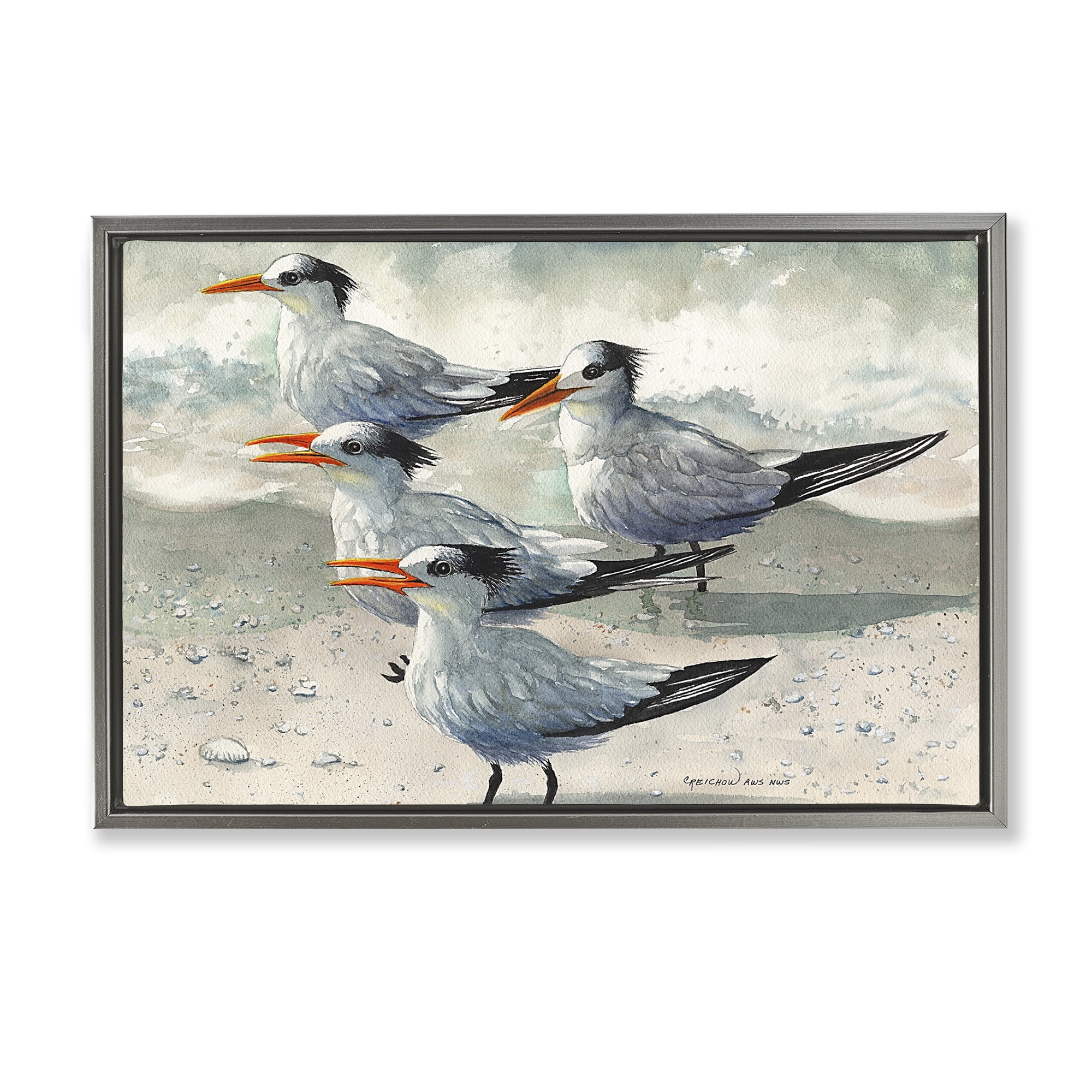 Stupell Industries Birds on Sandy Beach Animals & Insects Painting Gray Floater Framed Canvas Art Print Wall Art, 25 x 17