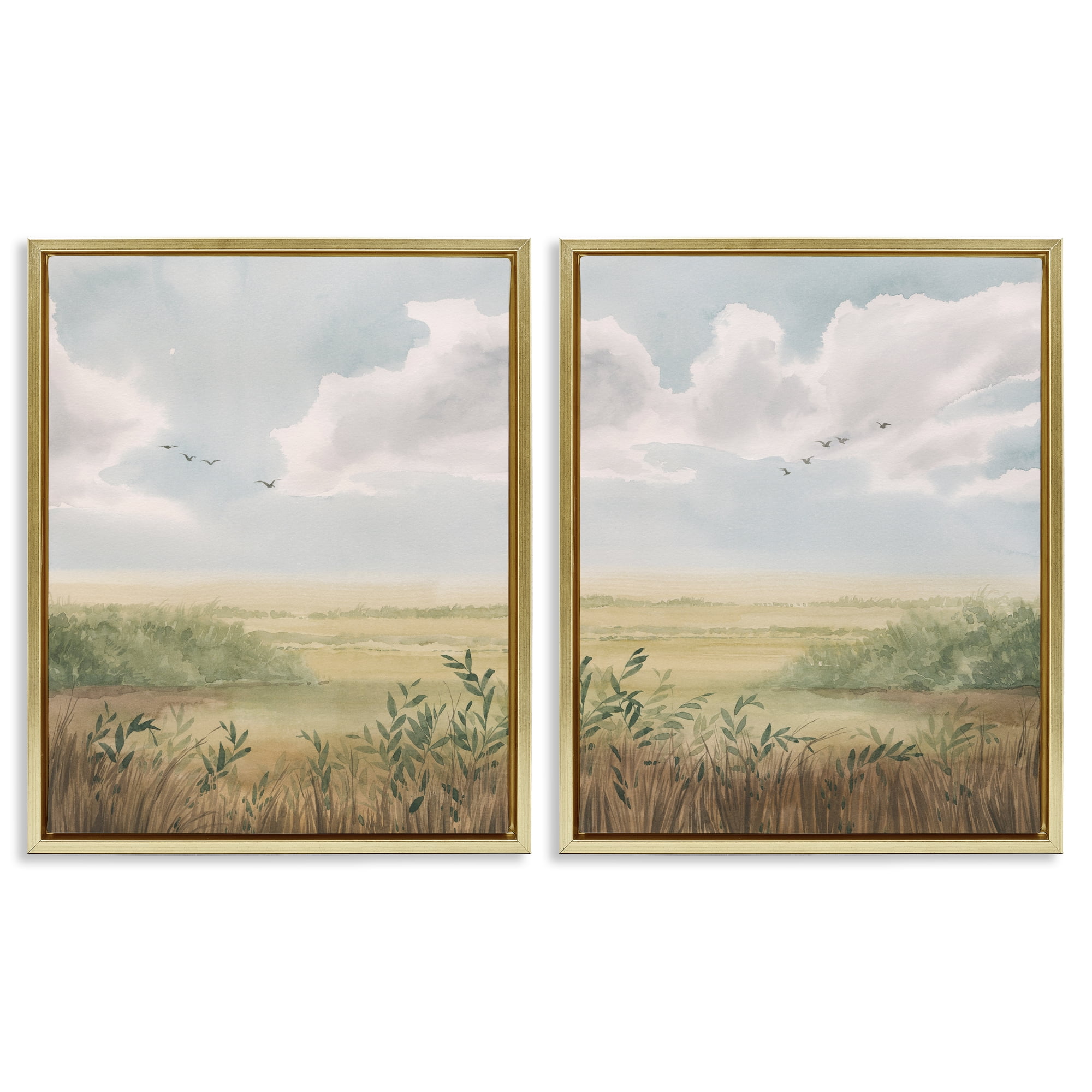 Stupell Industries Birds over Country Pastures Landscape & Nature Painting Gold Floater Framed Canvas Art Print Wall Art, 31 x 25, Set of 2
