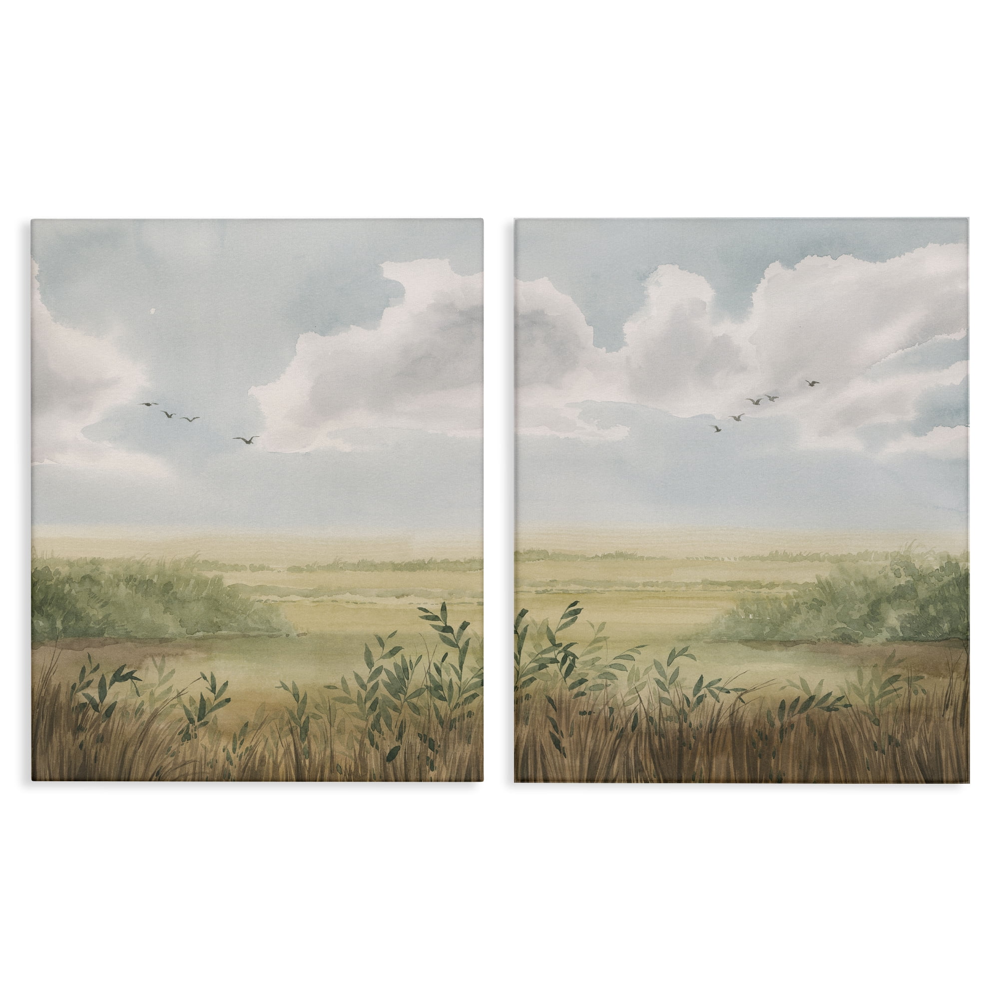 Stupell Industries Birds over Country Pastures Landscape & Nature Painting Wrapped Canvas Art Print Wall Art, 16 x 20, Set of 2