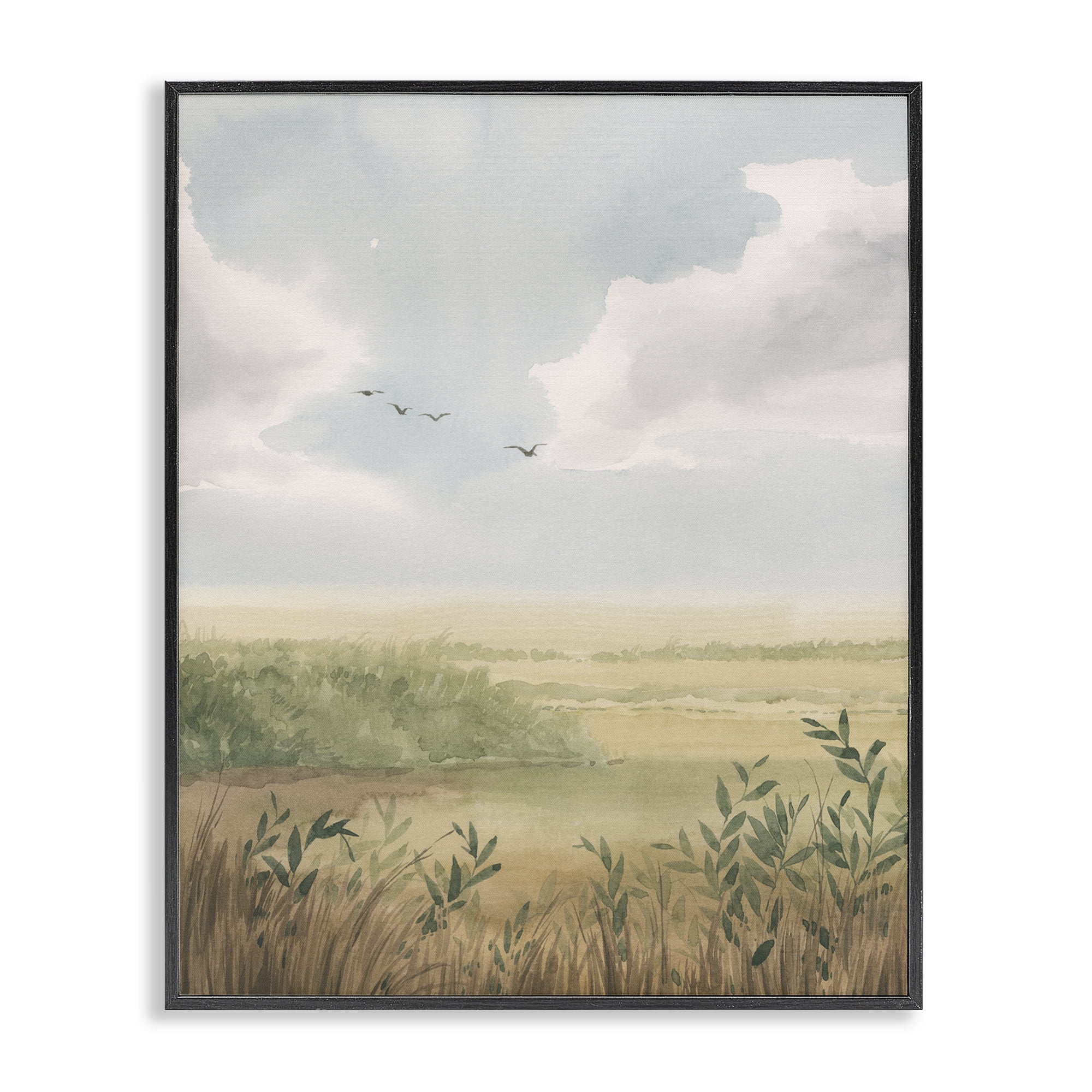 Stupell Industries Birds over Grasslands Landscape & Nature Painting Black Framed Art Print Wall Art, 24 x 30