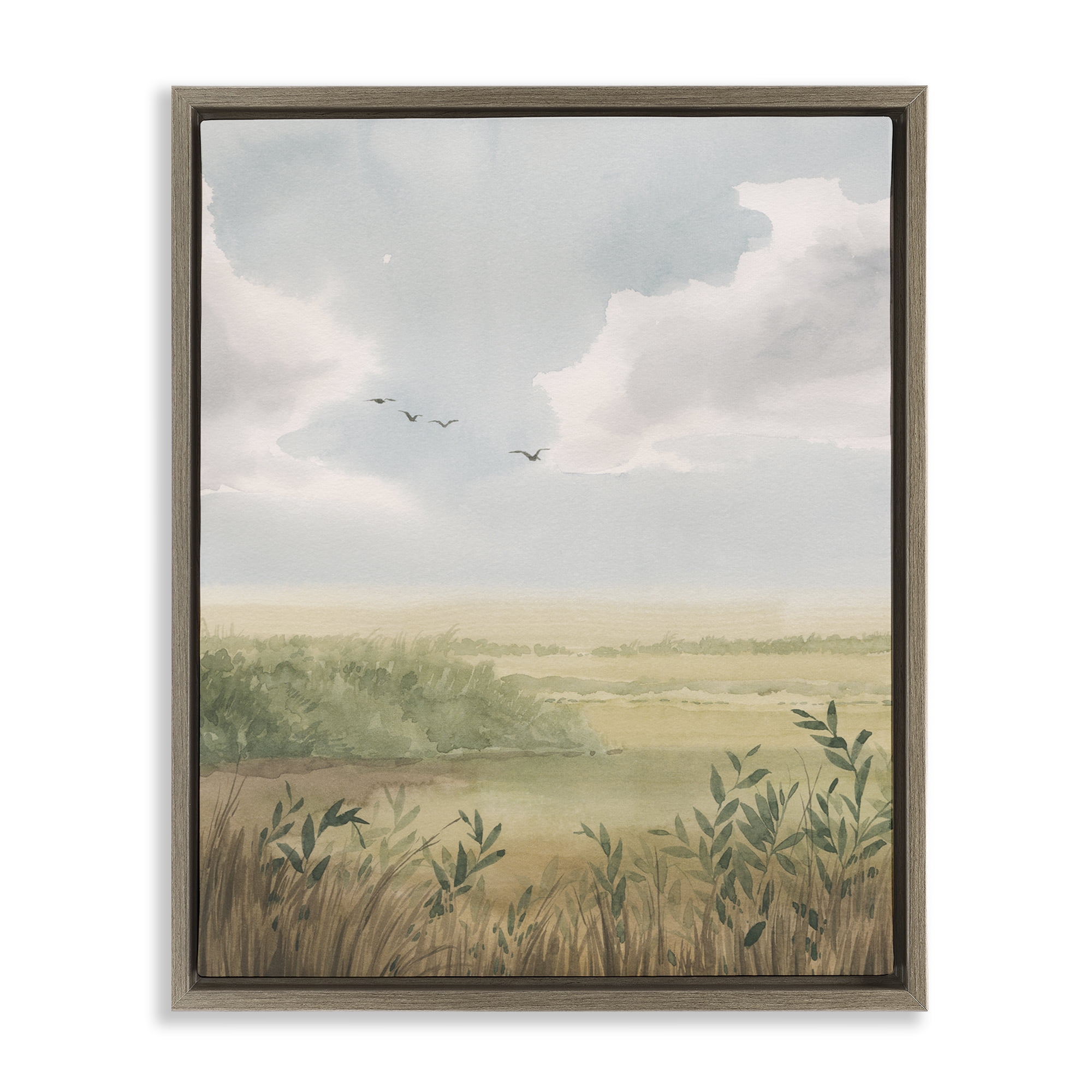 Stupell Industries Birds over Grasslands Landscape & Nature Painting Brown Floater Framed Canvas Art Print Wall Art, 25 x 31