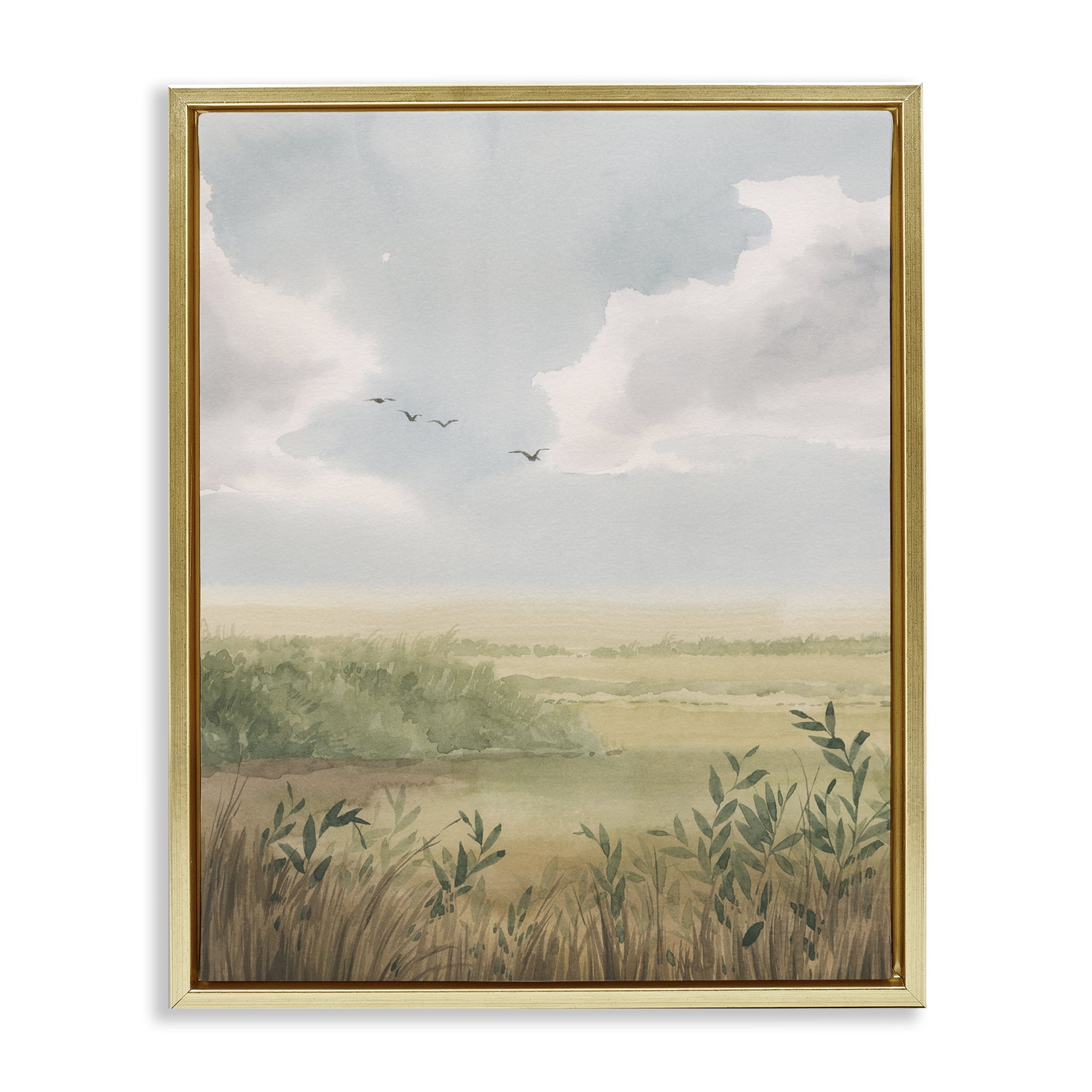 Stupell Industries Birds over Grasslands Landscape & Nature Painting Gold Floater Framed Canvas Art Print Wall Art, 17 x 21