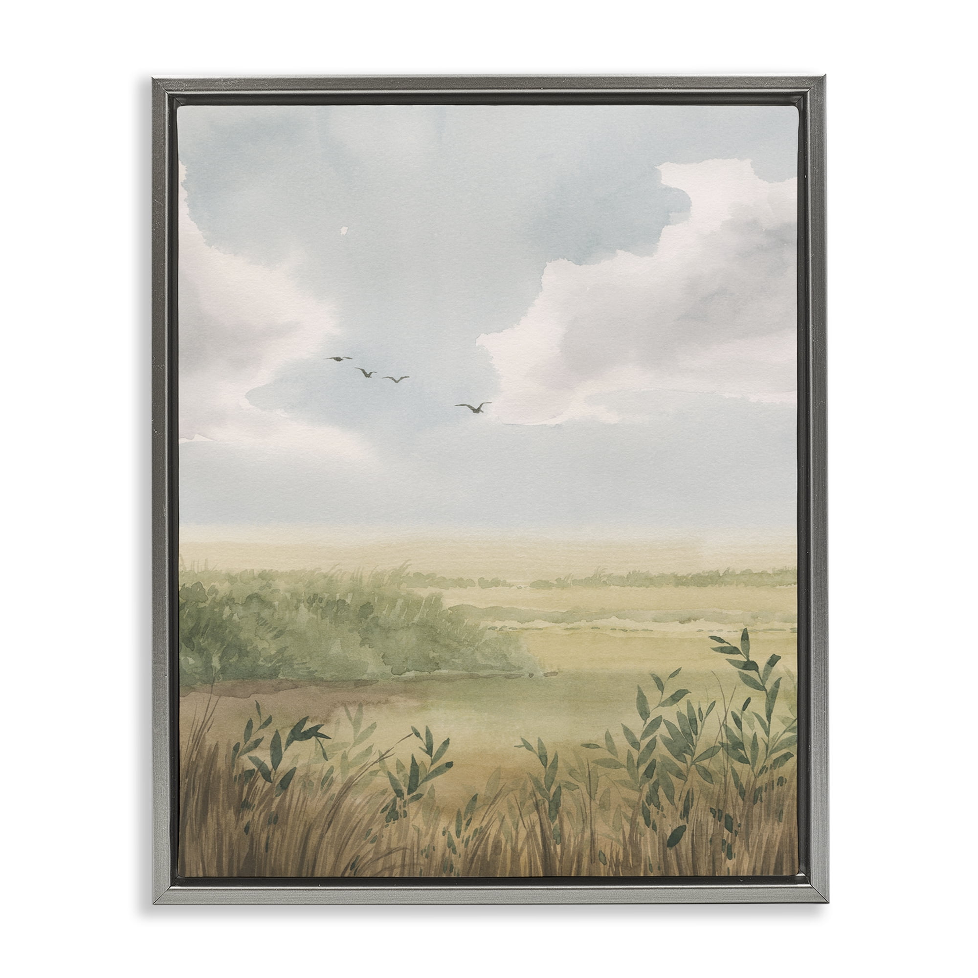 Stupell Industries Birds over Grasslands Landscape & Nature Painting Gray Floater Framed Canvas Art Print Wall Art, 17 x 21