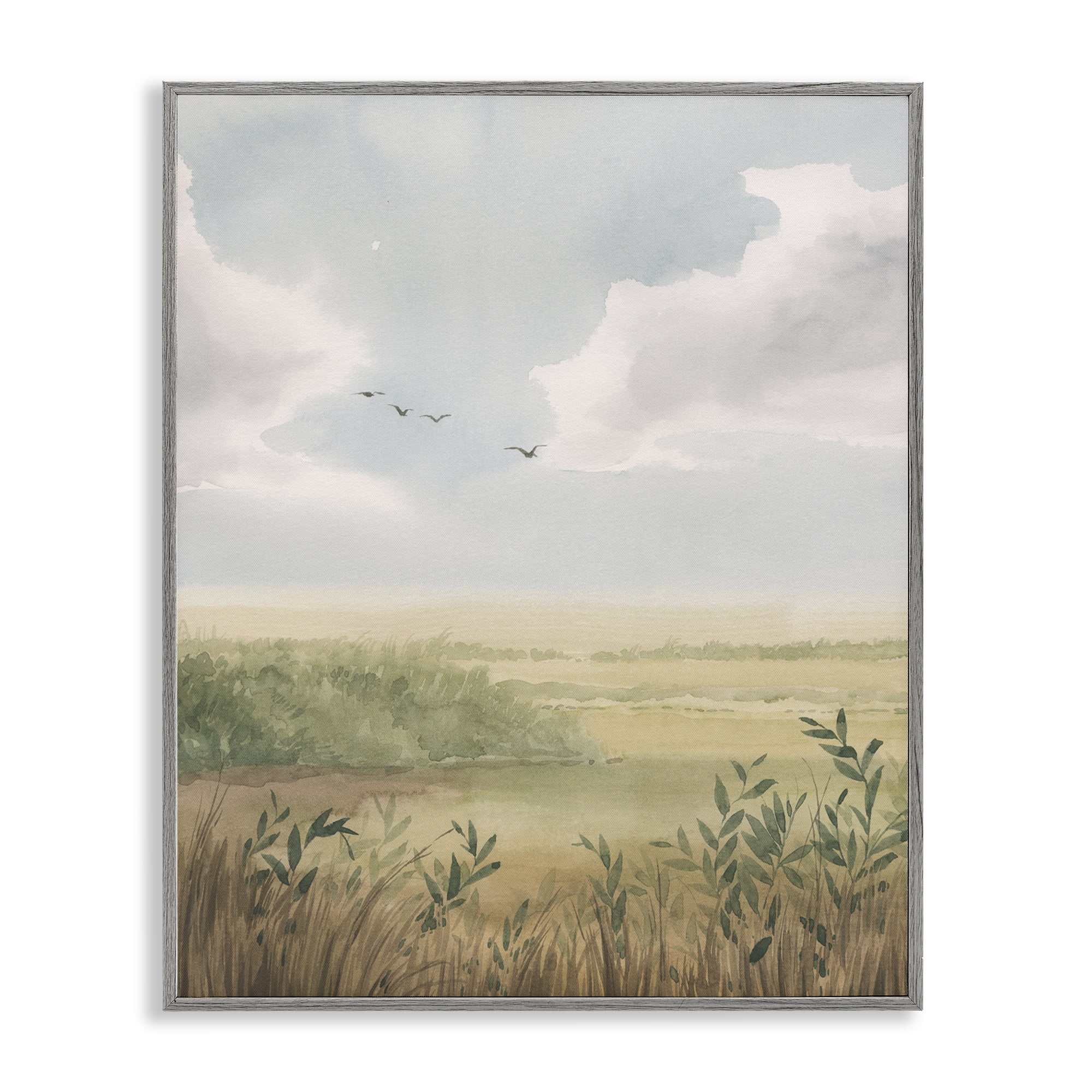 Stupell Industries Birds over Grasslands Landscape & Nature Painting Gray Framed Art Print Wall Art, 11 x 14