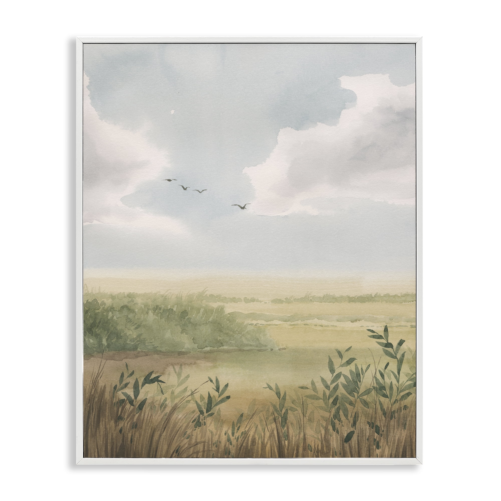 Stupell Industries Birds over Grasslands Landscape & Nature Painting White Framed Art Print Wall Art, 16 x 20