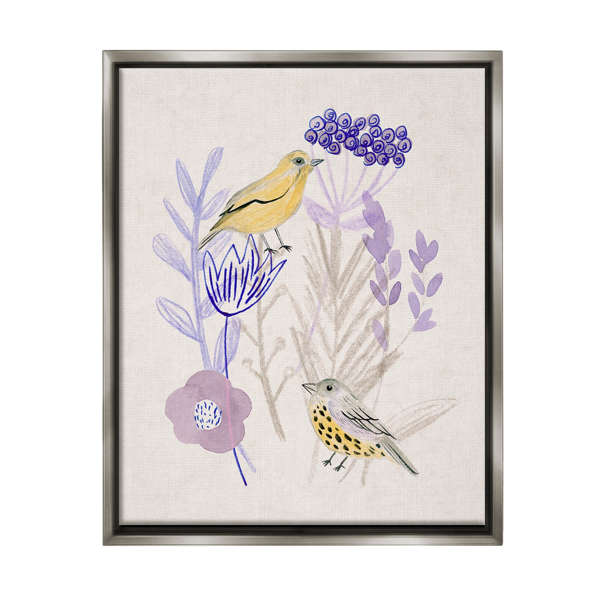 Stupell Industries Birds with Plant Sprigs Animals & Insects Painting Gray Floater Framed Canvas Art Print Wall Art, 17 x 21