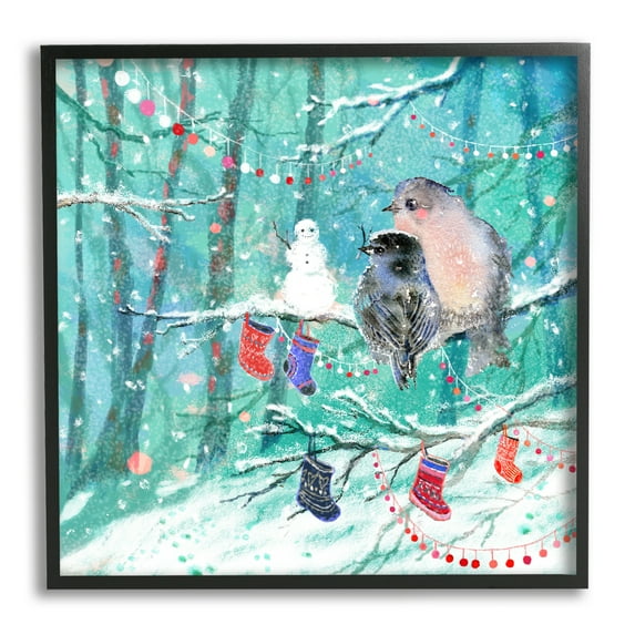 Stupell Industries Birds with Winter Stockings Holiday Painting Black Framed Art Print Wall Art, 12 x 12