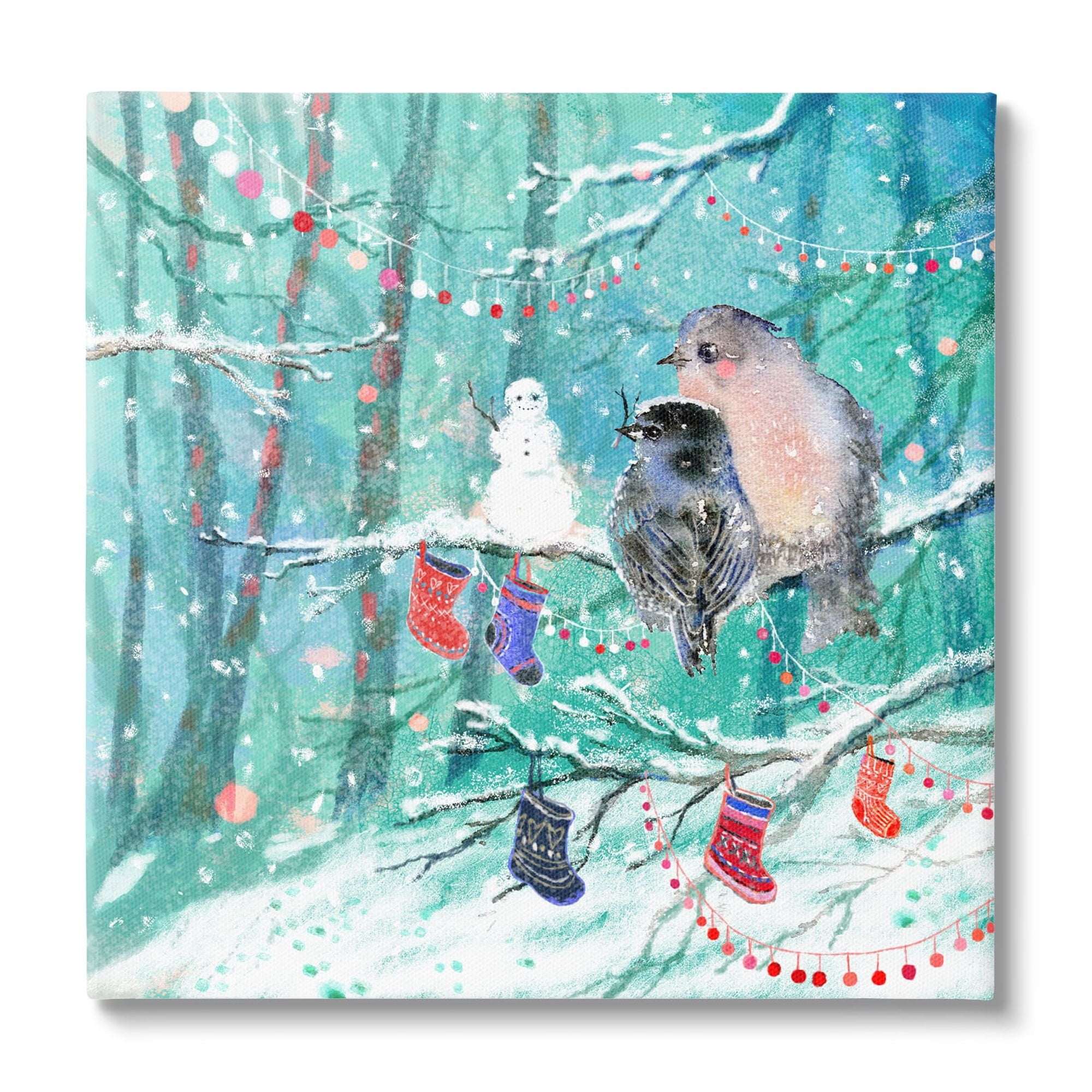 Stupell Industries Birds with Winter Stockings Holiday Painting Gallery Wrapped Art Print Wall Art, 24 x 24