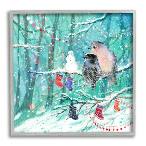 Stupell Industries Birds with Winter Stockings Holiday Painting Gray Framed Art Print Wall Art, 12 x 12