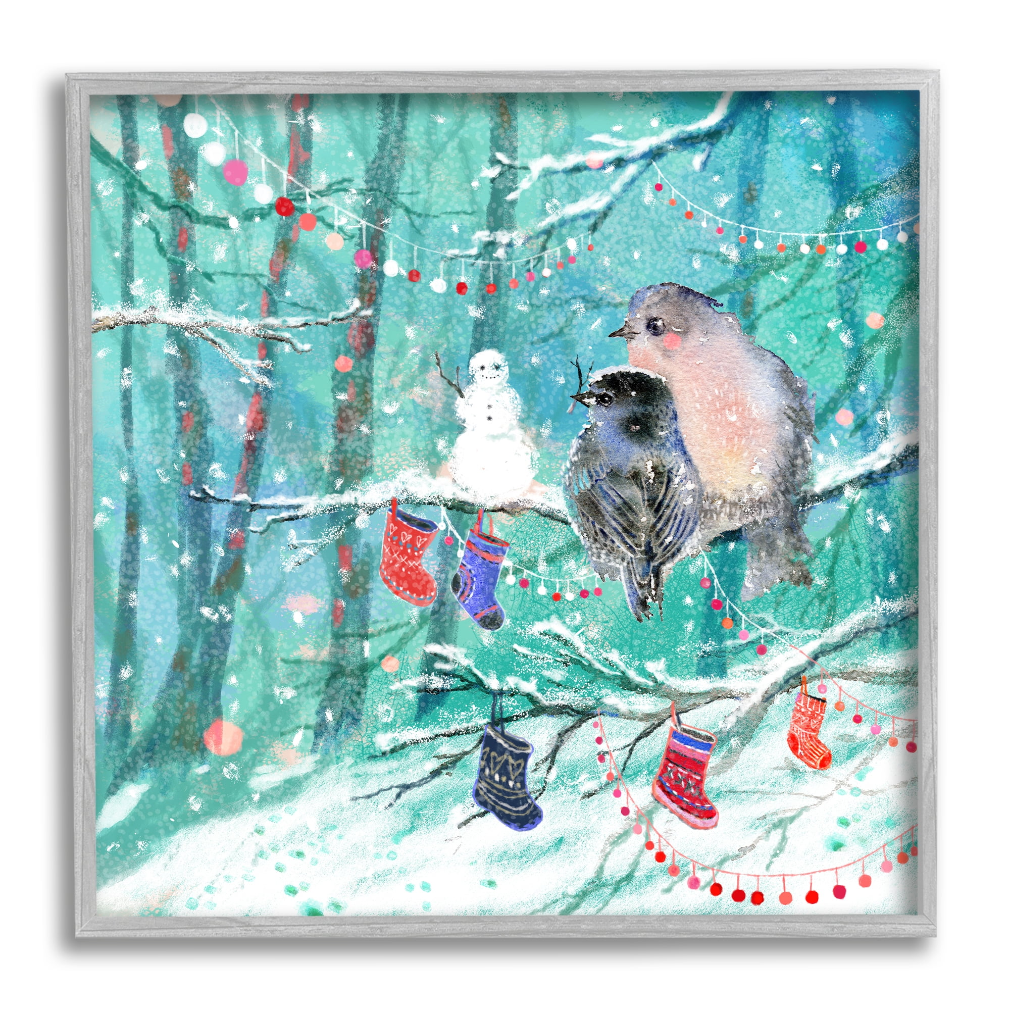 Stupell Industries Birds with Winter Stockings Holiday Painting Gray Framed Art Print Wall Art, 17 x 17