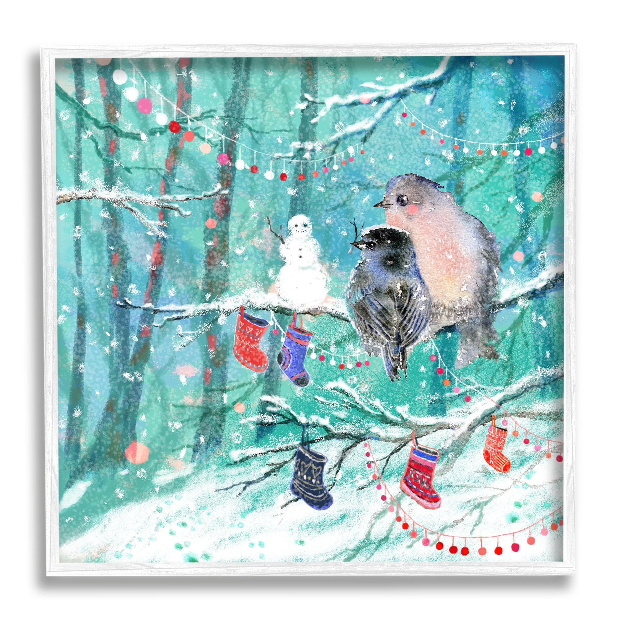 Stupell Industries Birds with Winter Stockings Holiday Painting White Framed Art Print Wall Art, 24 x 24