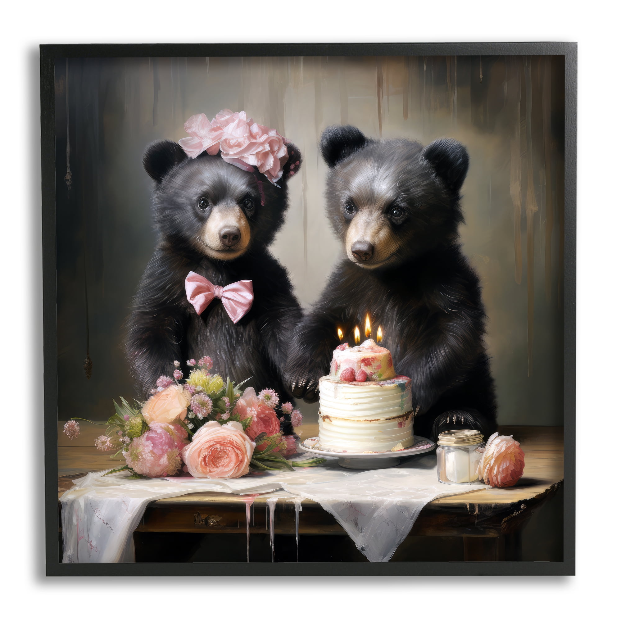 Stupell Industries Birthday Cake Bears Animals & Insects Painting Black Framed Art Print Wall Art, 12 x 12