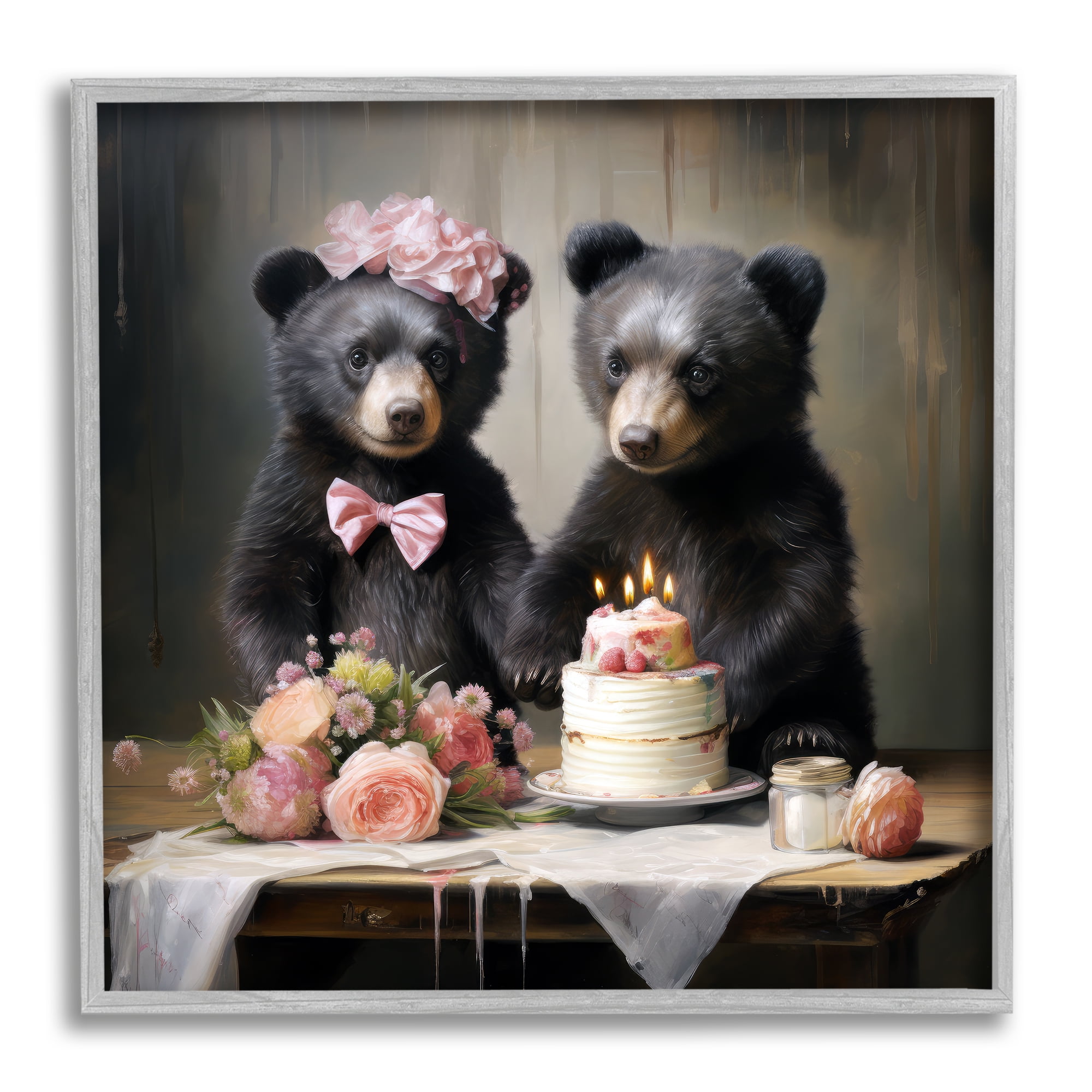 Stupell Industries Birthday Cake Bears Animals & Insects Painting Gray Framed Art Print Wall Art, 12 x 12