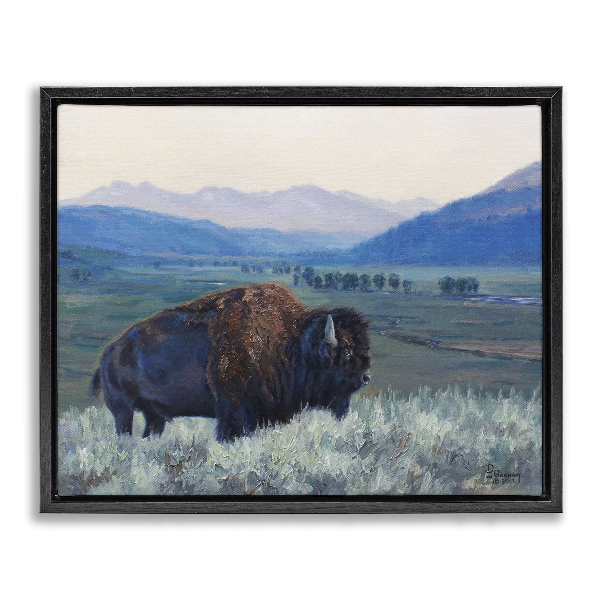 Stupell Industries Bison & Country Mountains Animals & Insects Painting Black Floater Framed Canvas Art Print Wall Art, 31 x 25