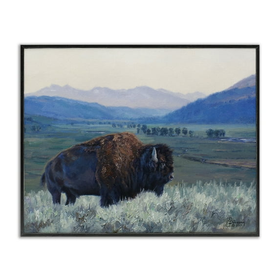 Stupell Industries Bison & Country Mountains Animals & Insects Painting Black Framed Art Print Wall Art, 20 x 16