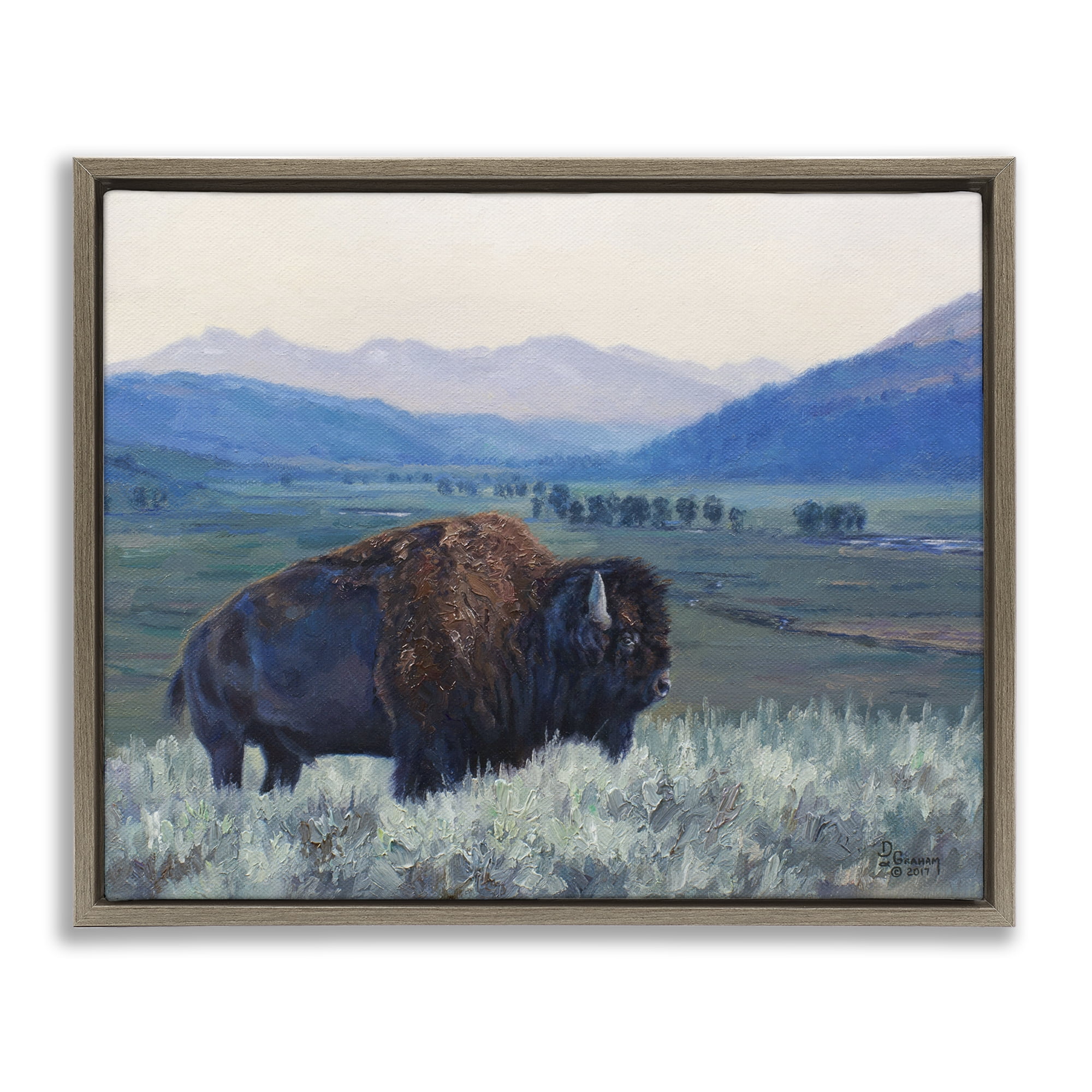 Stupell Industries Bison & Country Mountains Animals & Insects Painting Brown Floater Framed Canvas Art Print Wall Art, 31 x 25