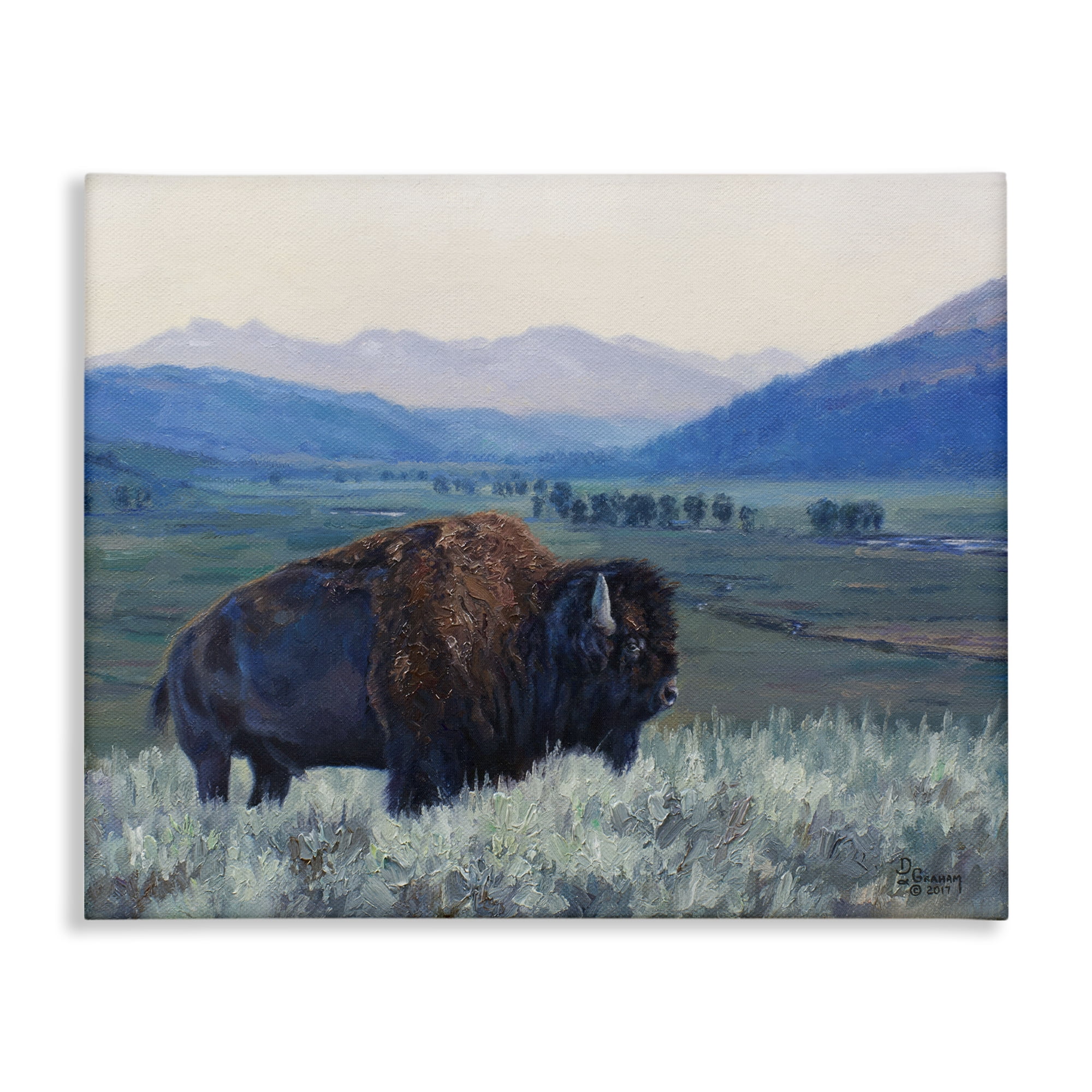Stupell Industries Bison & Country Mountains Animals & Insects Painting Gallery Wrapped Canvas Art Print Wall Art, 30 x 24
