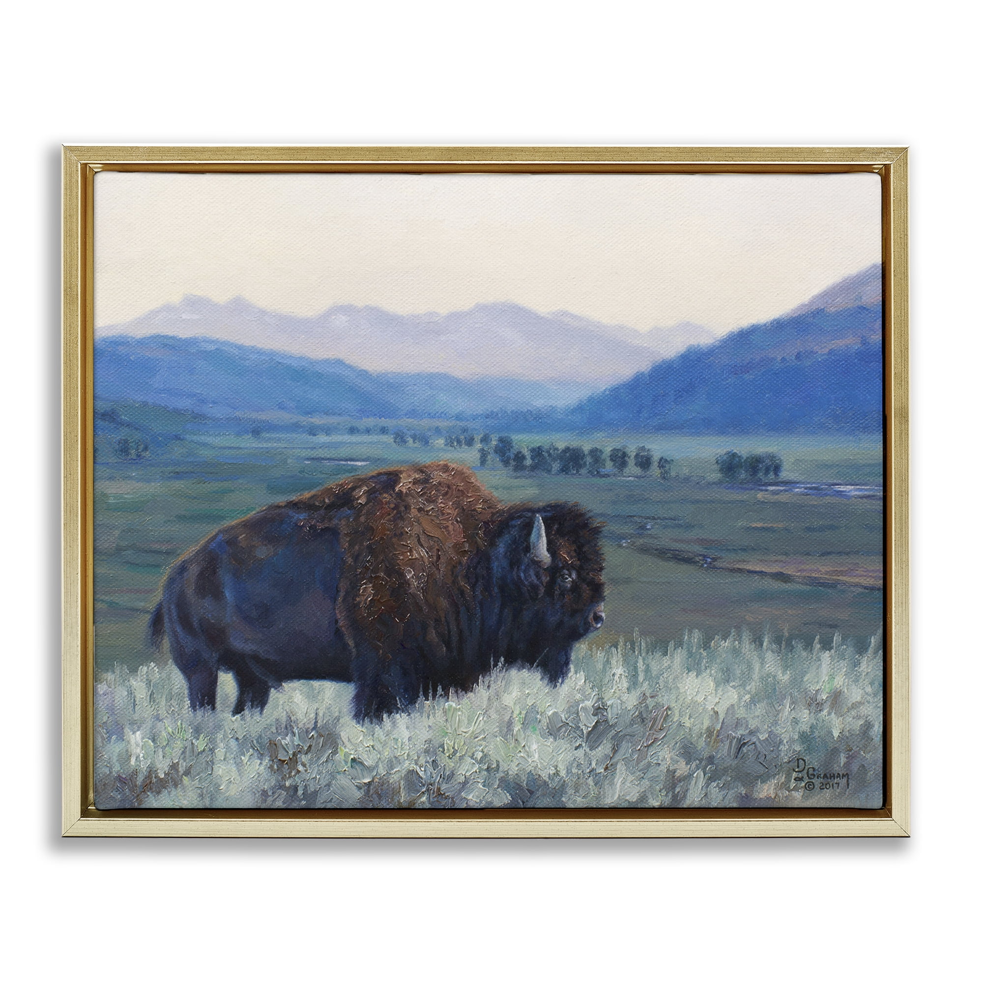 Stupell Industries Bison & Country Mountains Animals & Insects Painting Gold Floater Framed Canvas Art Print Wall Art, 31 x 25