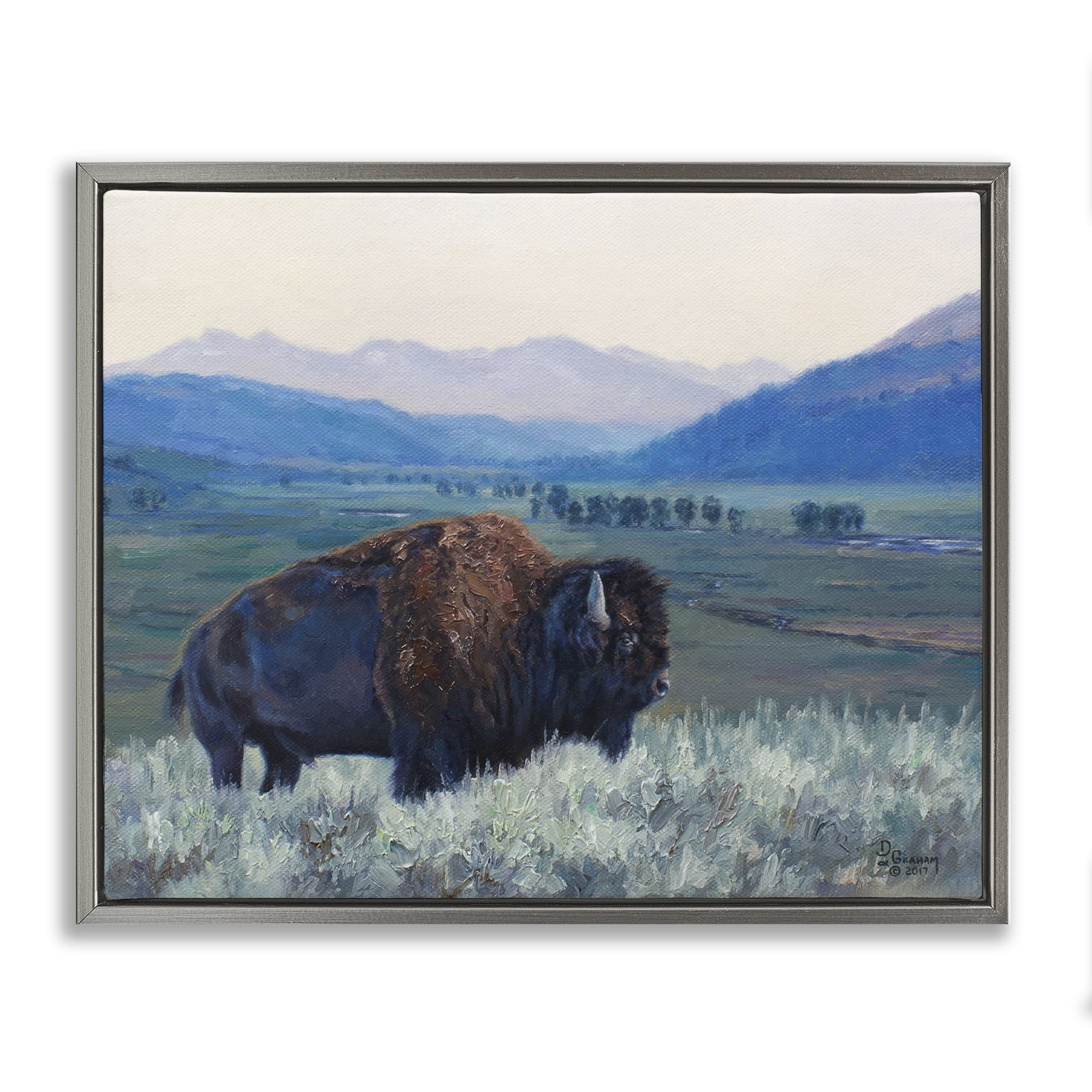 Stupell Industries Bison & Country Mountains Animals & Insects Painting Gray Floater Framed Canvas Art Print Wall Art, 21 x 17