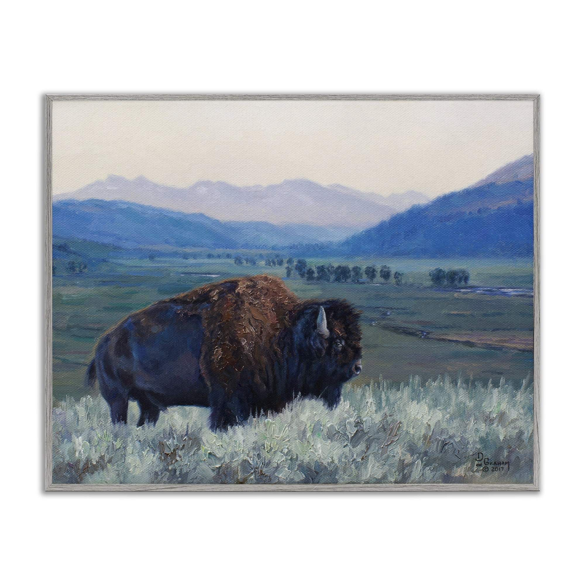 Stupell Industries Bison & Country Mountains Animals & Insects Painting Gray Framed Art Print Wall Art, 20 x 16